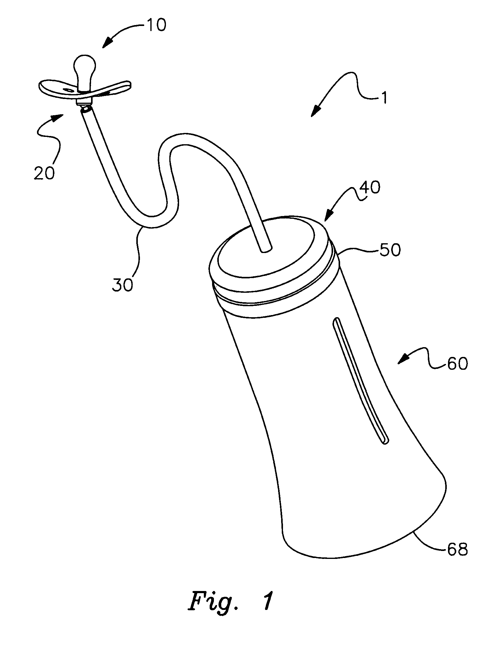 Nursing bottle with elongated tube and pivotable pacifier