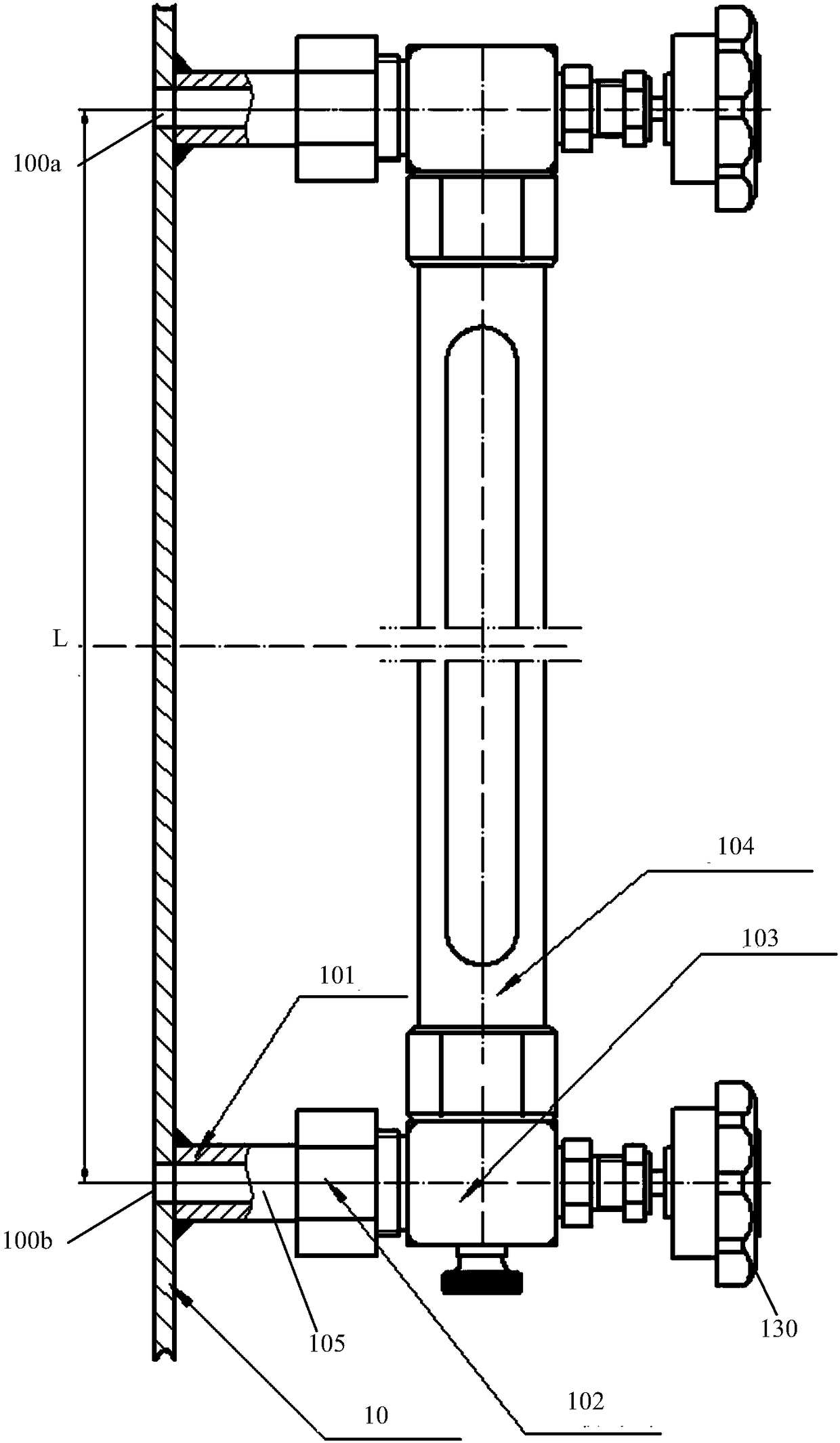 Self-closing liquid level observer with adjustable center distance