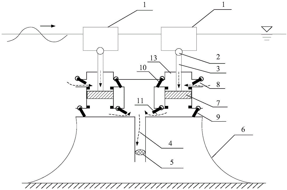 Double-floating-body type wave energy power generation device utilizing water turbine