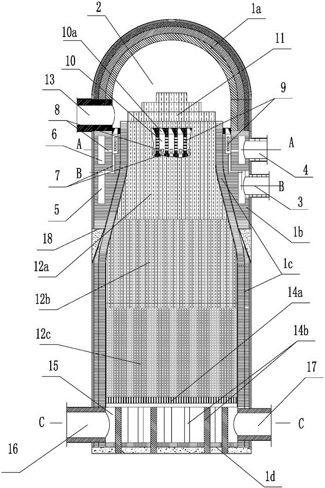 A uniform flow hot blast stove in which premixed air nozzles communicate with each other and the supply air flow flows in a labyrinth