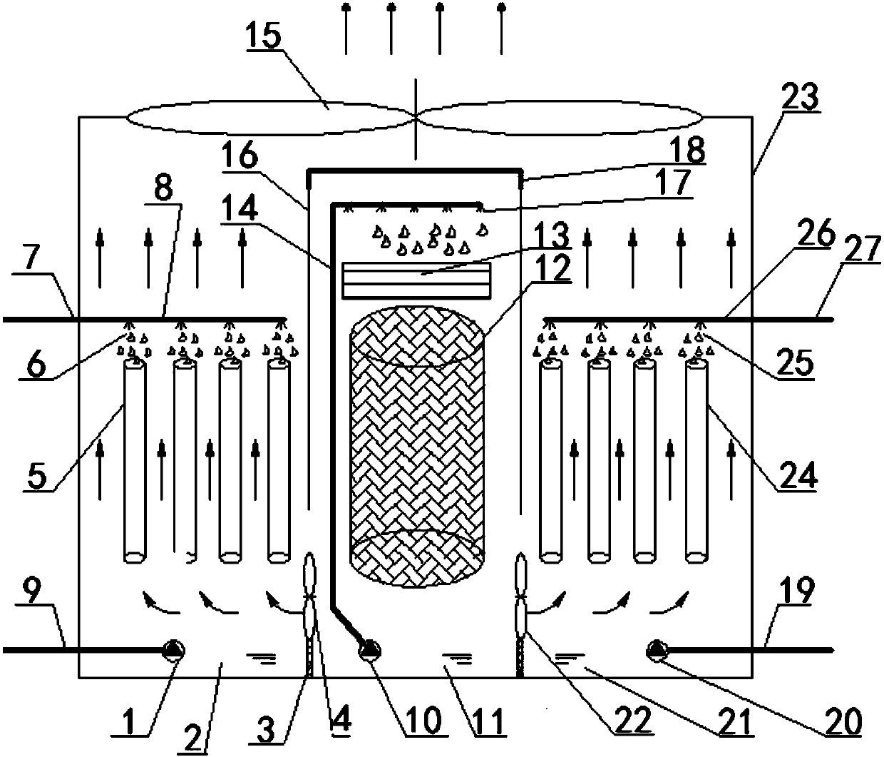 Cooling tower for cascaded cooling water preparation with composite structure