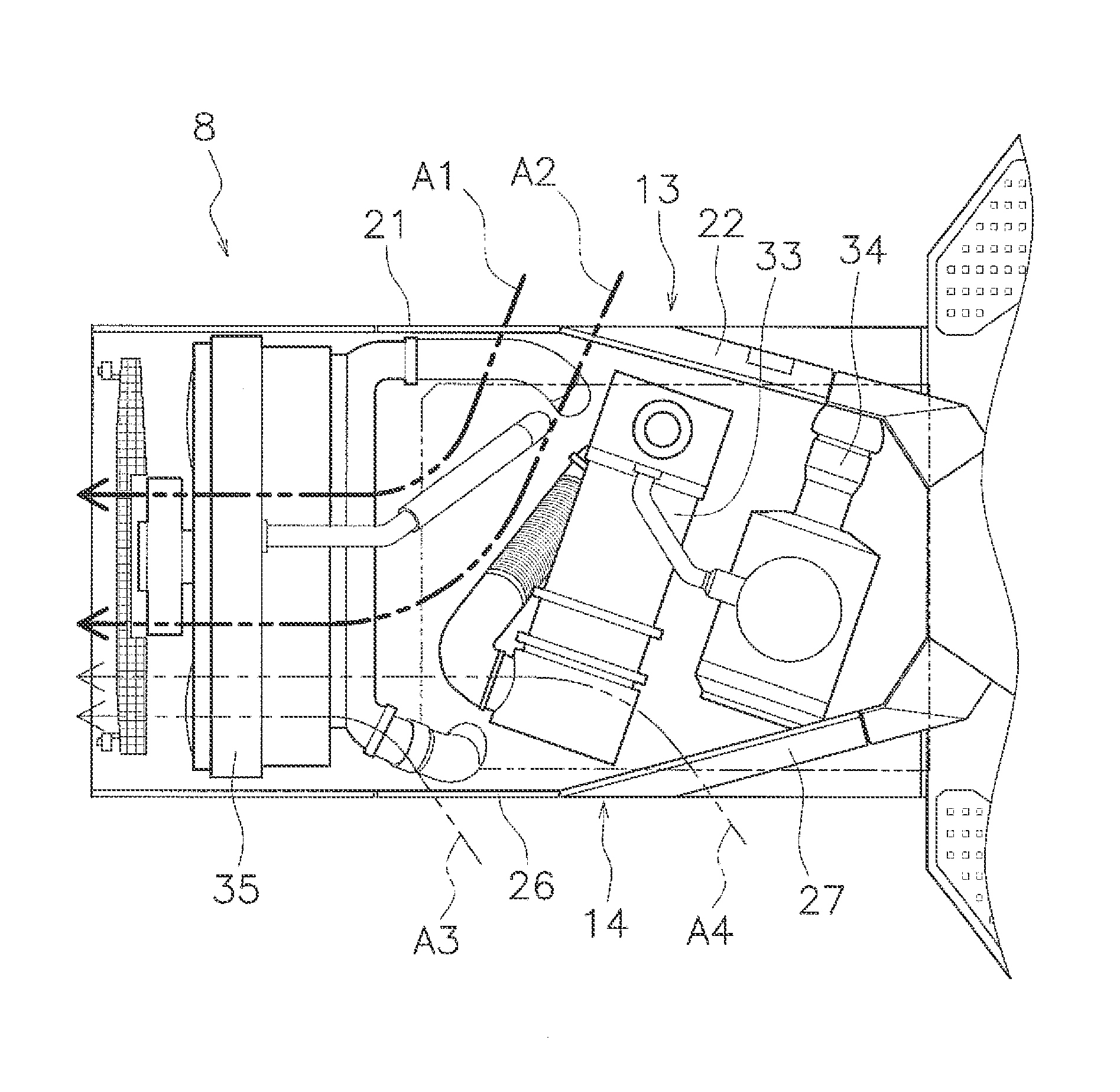 Work vehicle with engine compartment and exhaust gas treatment arrangement