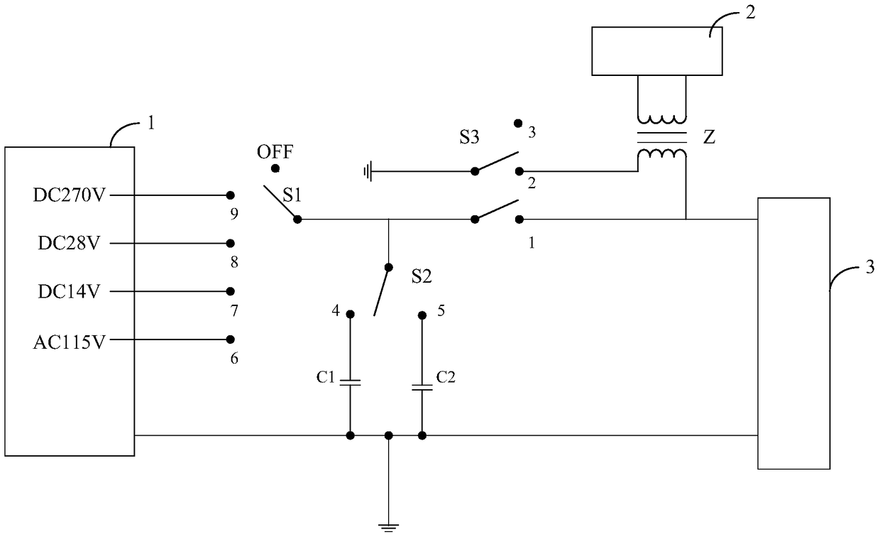 Airborne equipment power line audio conduction sensitivity test mode switching device