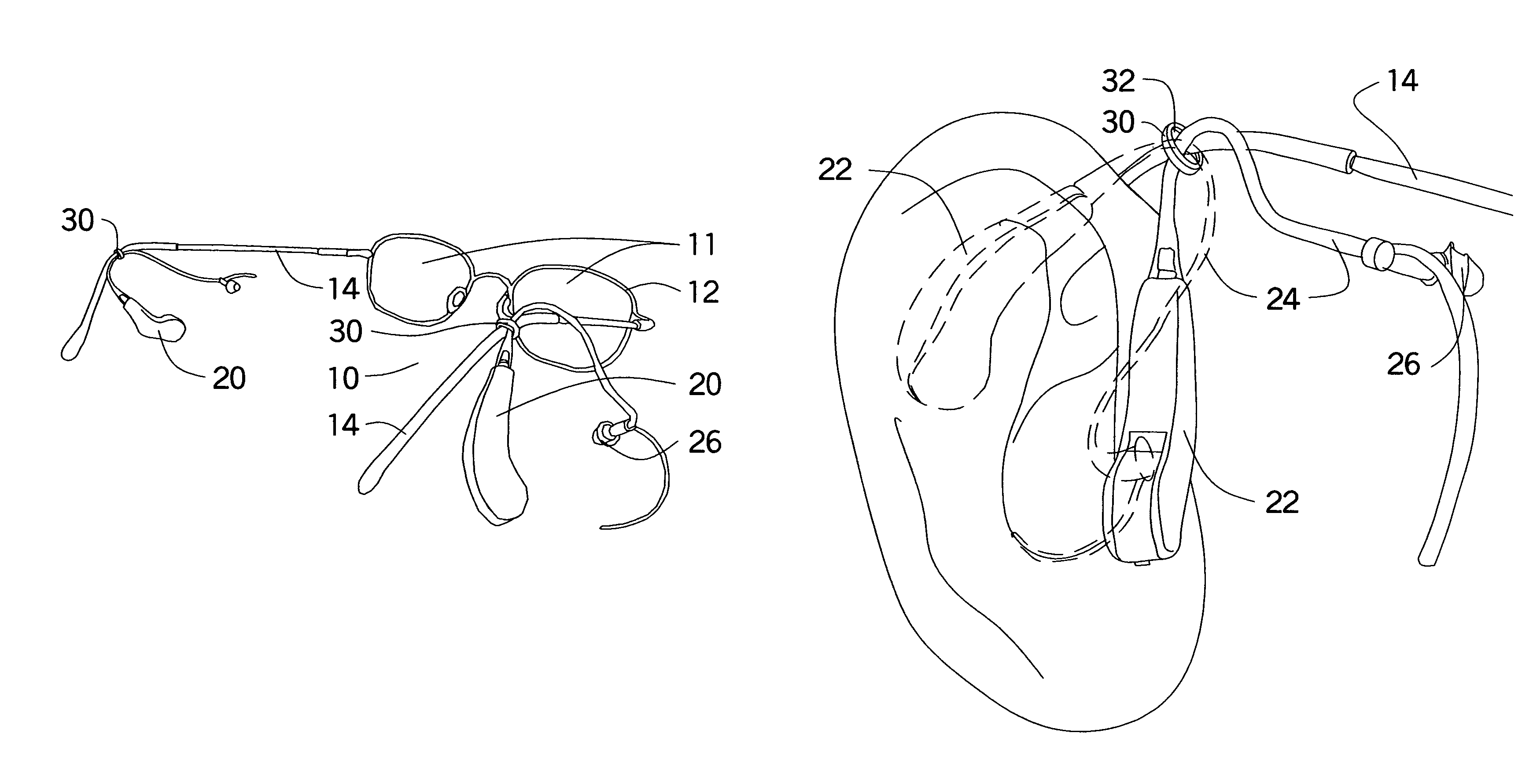 Hearing device connector for eye glasses