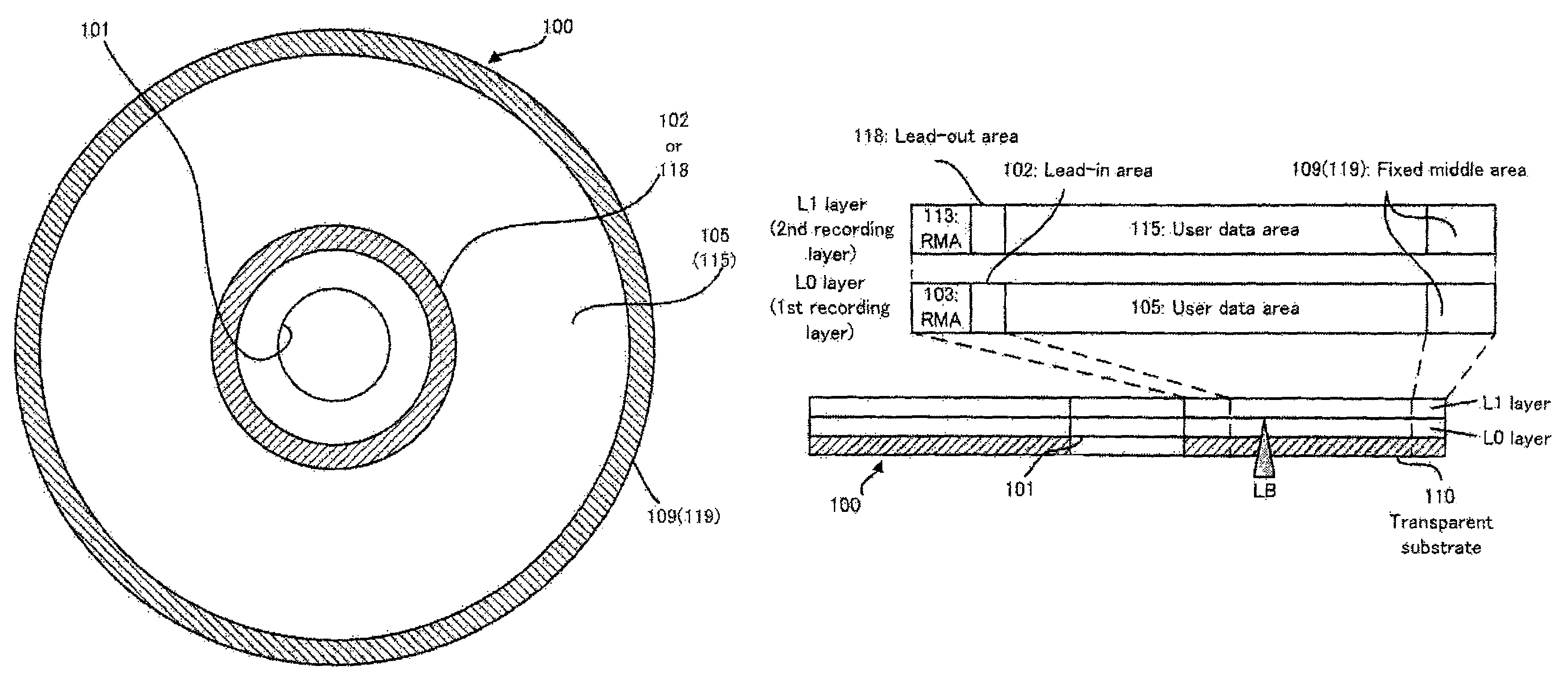 Optical recording medium having physical and logical position information of buffer areas