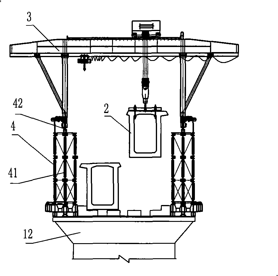 Double line box girder downward mobile formwork bridge fabrication machine and construction method thereof