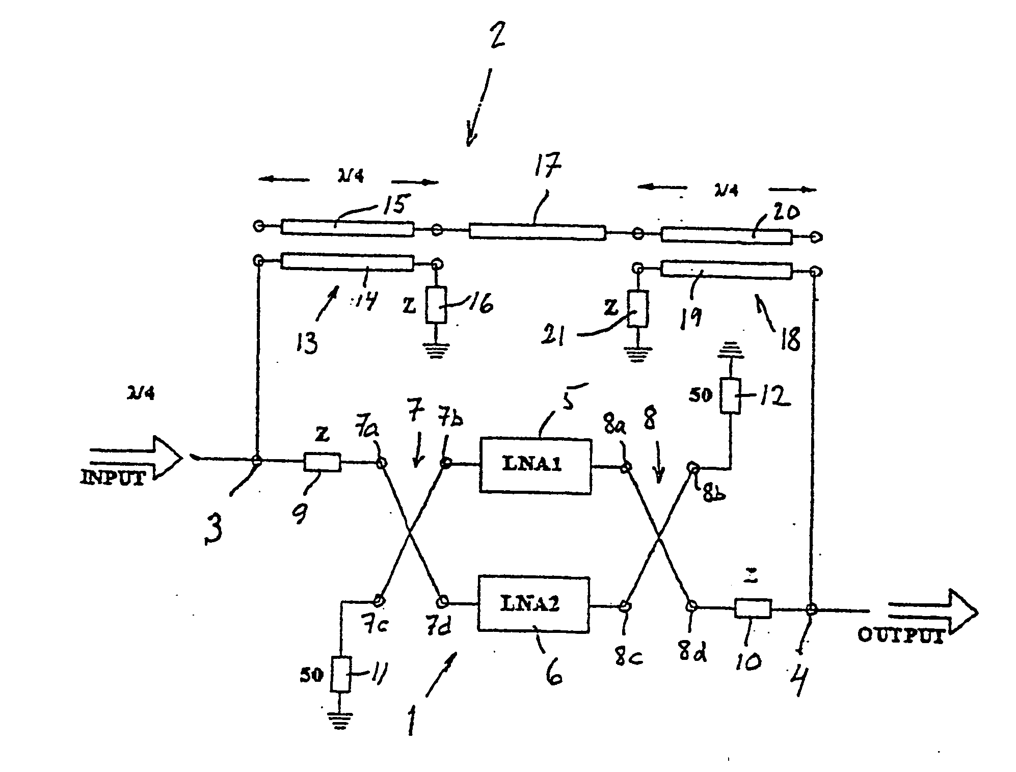 Microwave amplifier with bypass segment