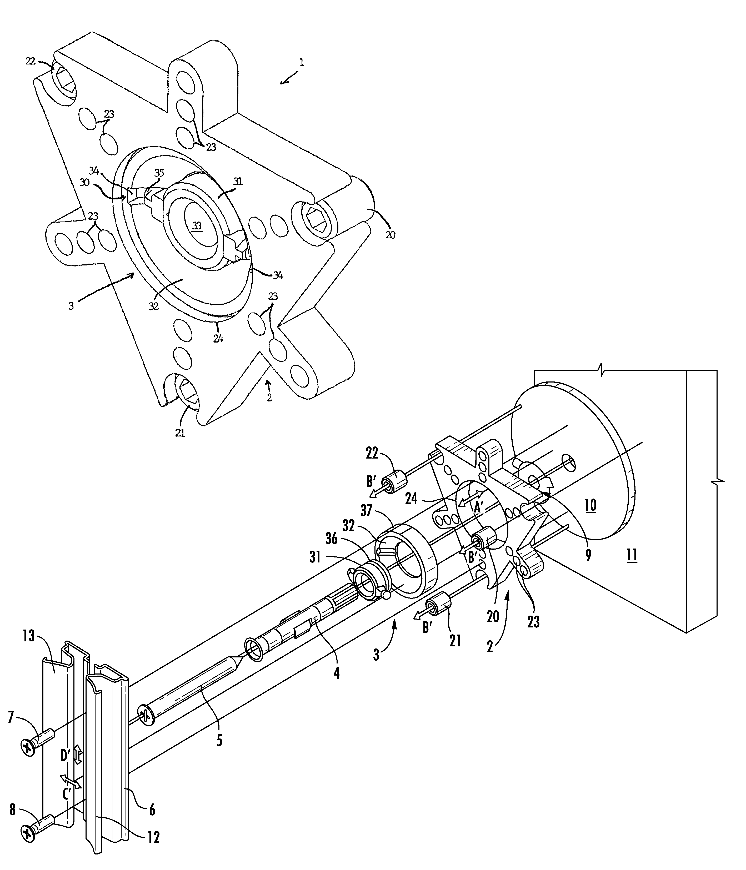 Mounting assembly for adjustably mounting frame parts onto wall or into wall opening, enabling positional adjustment of frame part in multiple directions