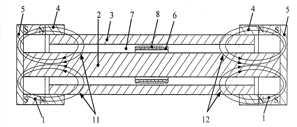 Double-permanent-magnetic-tube two-end symmetric excitation cylindrical closed magnetic field type electromagnetic vibration table magnetic circuit structure with eddy current compensation