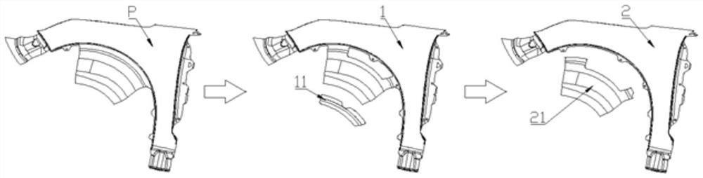 Die process structure facilitating discharging of fender wheel opening waste and using method