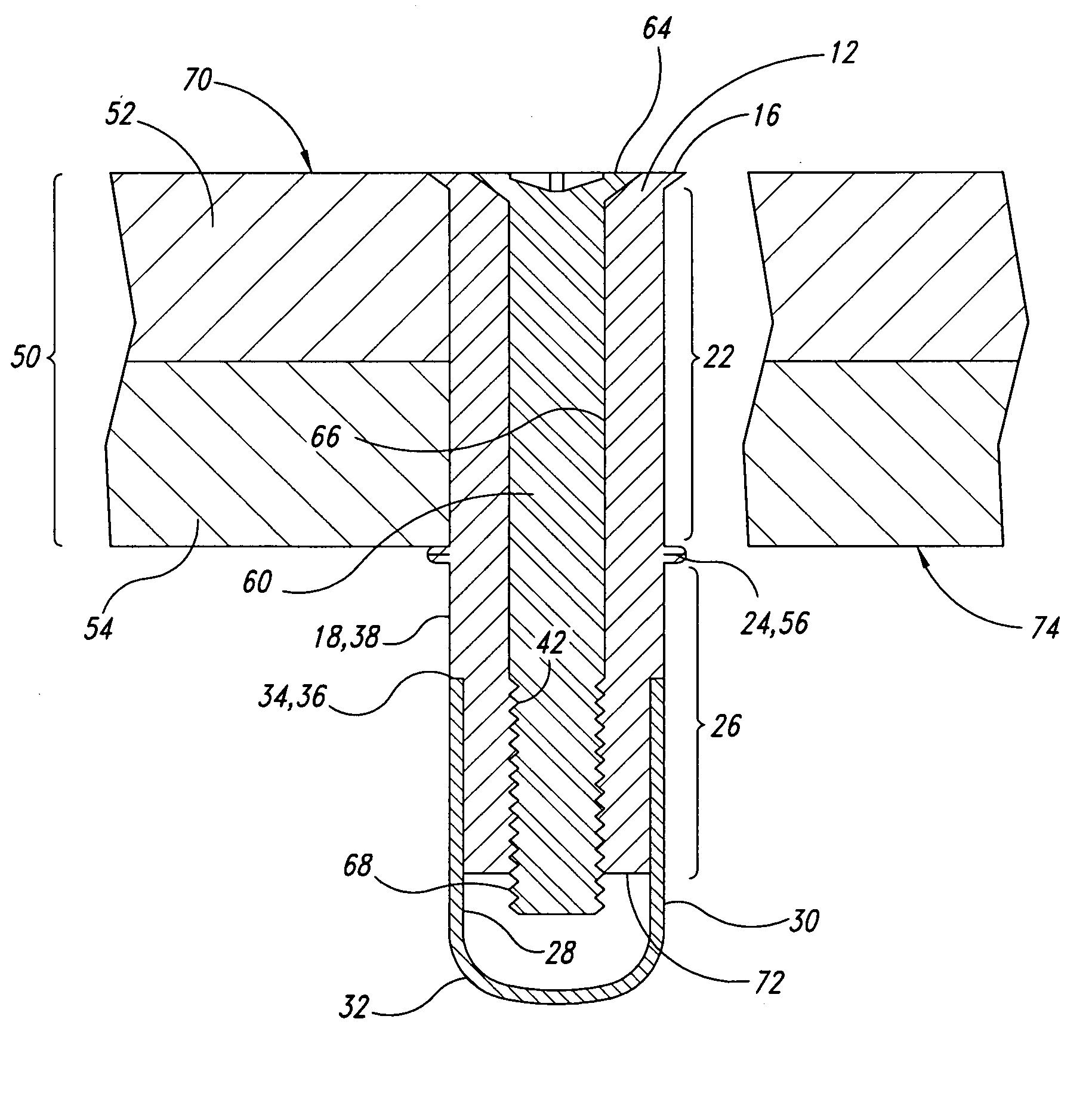 Blindly installed, reinforceable nuts for joining structural members