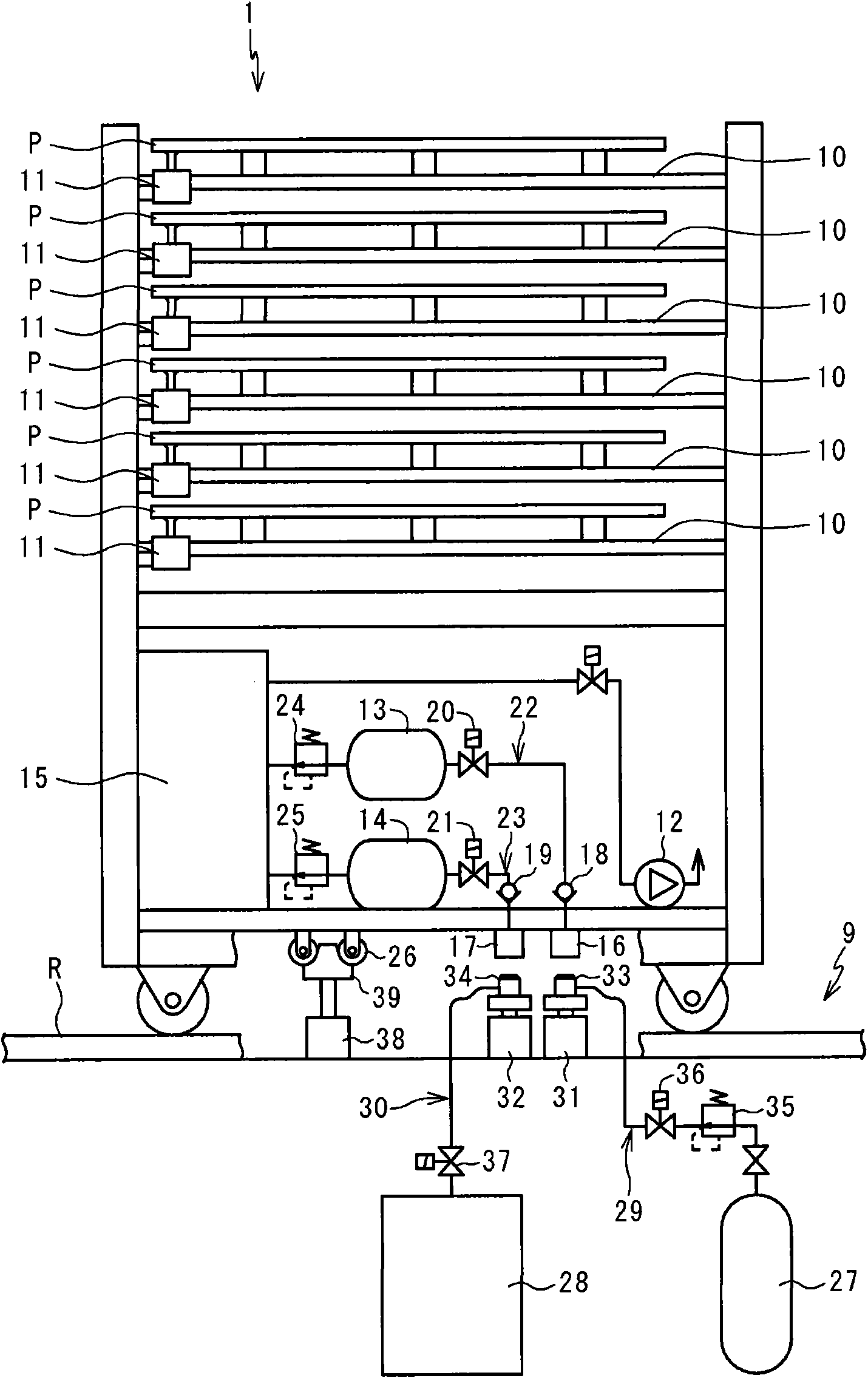 Work transporting cart, work processing system, gas feeding system and gas feeding method