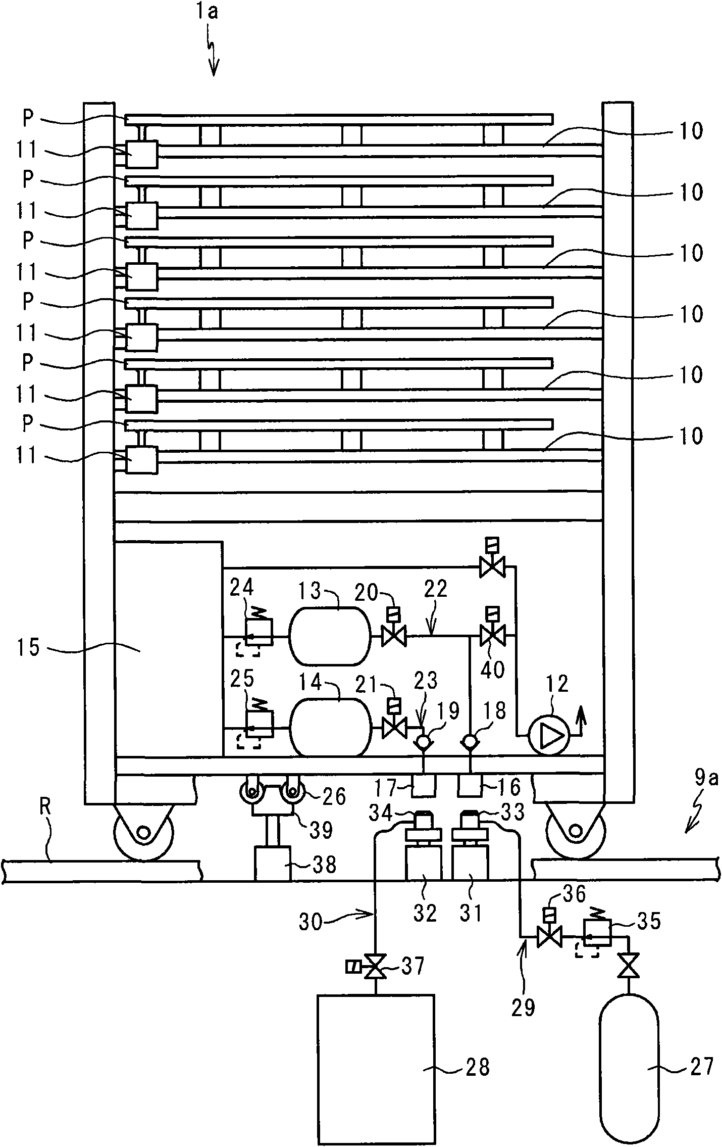 Work transporting cart, work processing system, gas feeding system and gas feeding method