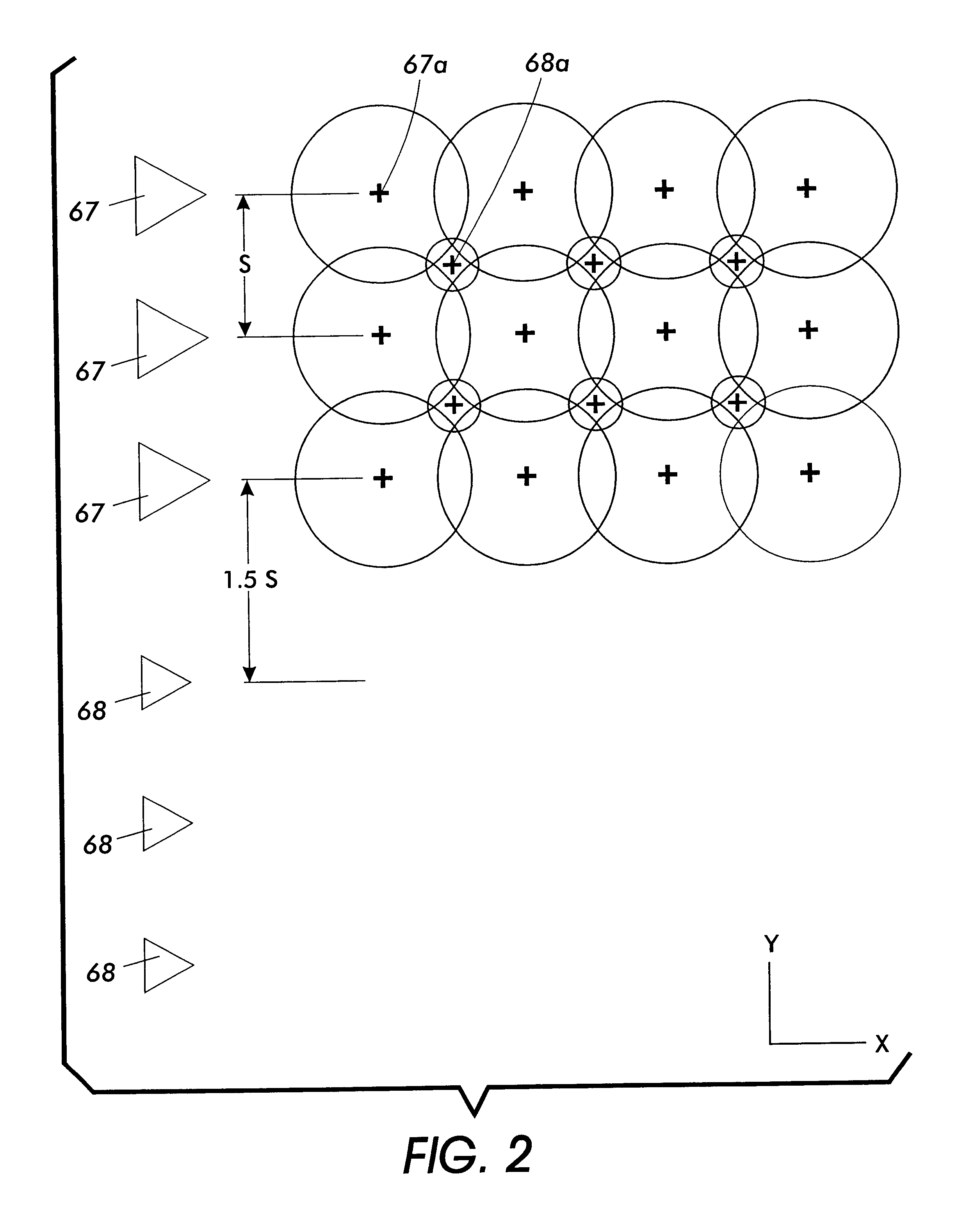 Gray scale fluid ejection system with offset grid patterns of different size spots