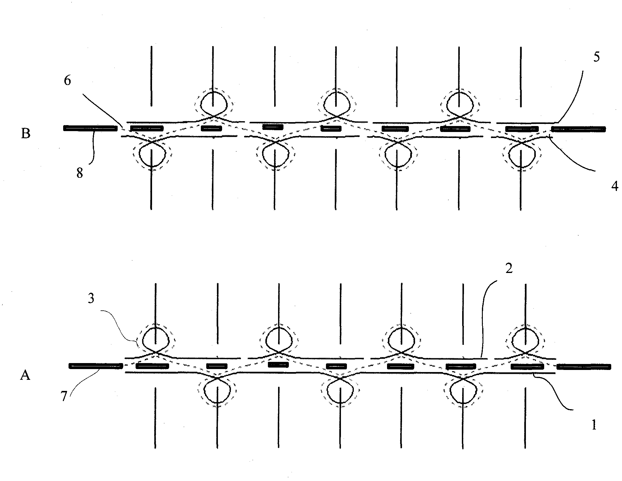 Knitting method for anti-stretch and anti-laddering dense and thick weft-knitted fabric