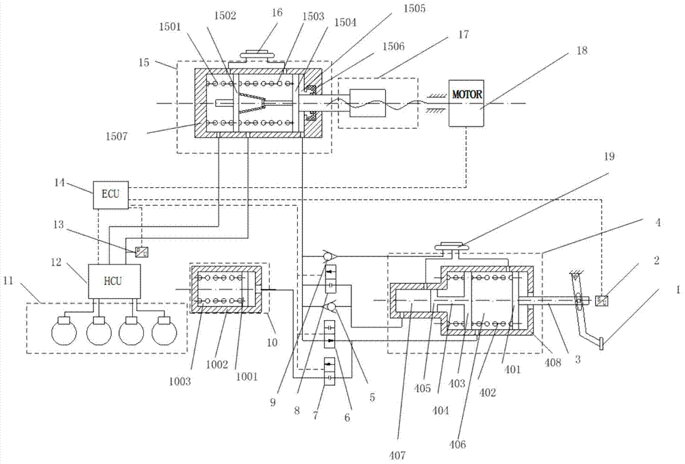 Braking system with combined function of drive-by-wire and power-assisting and with manpower-magnification action