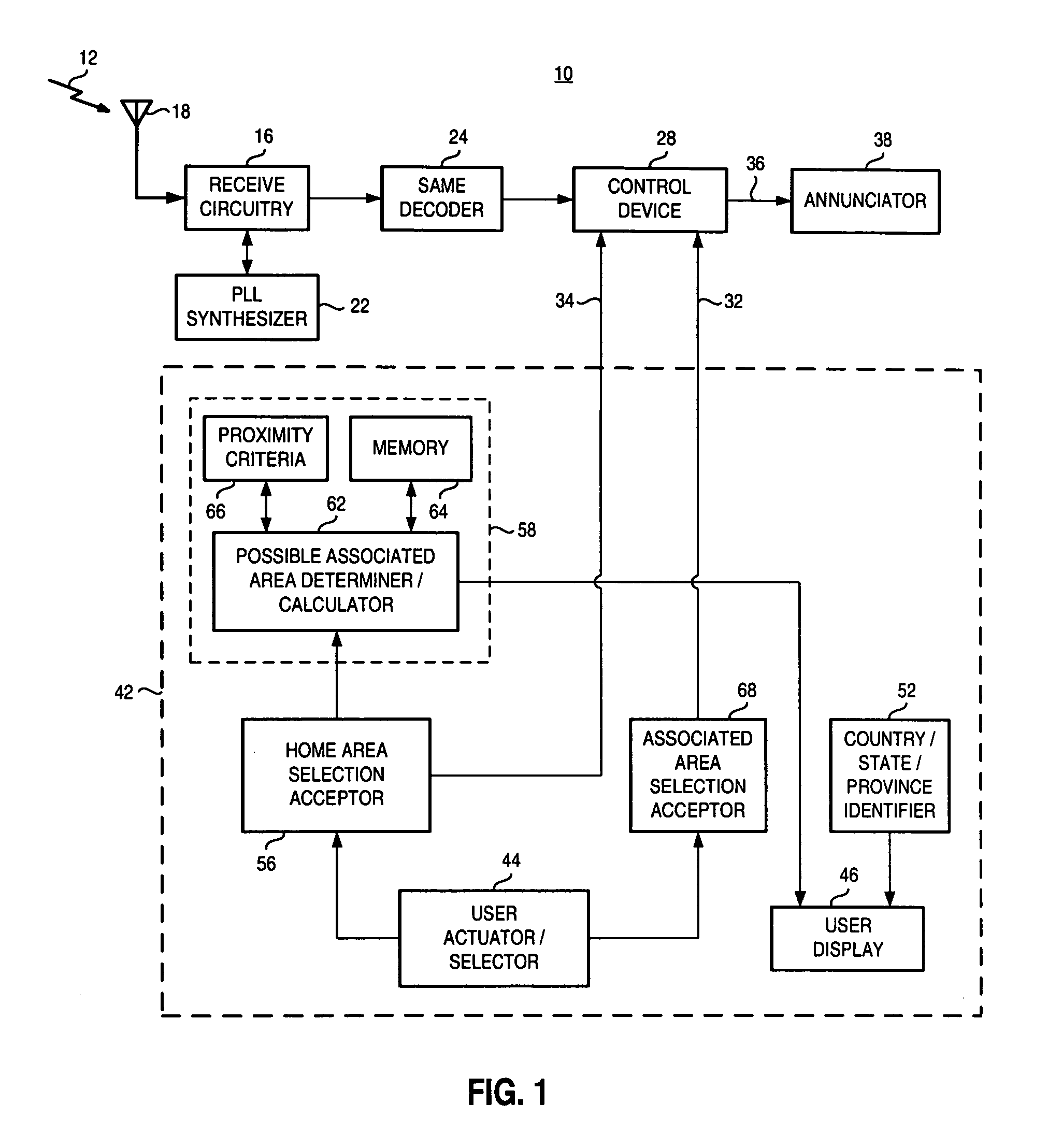 Apparatus and method for selecting geographical area information at a weather band, or other, radio device