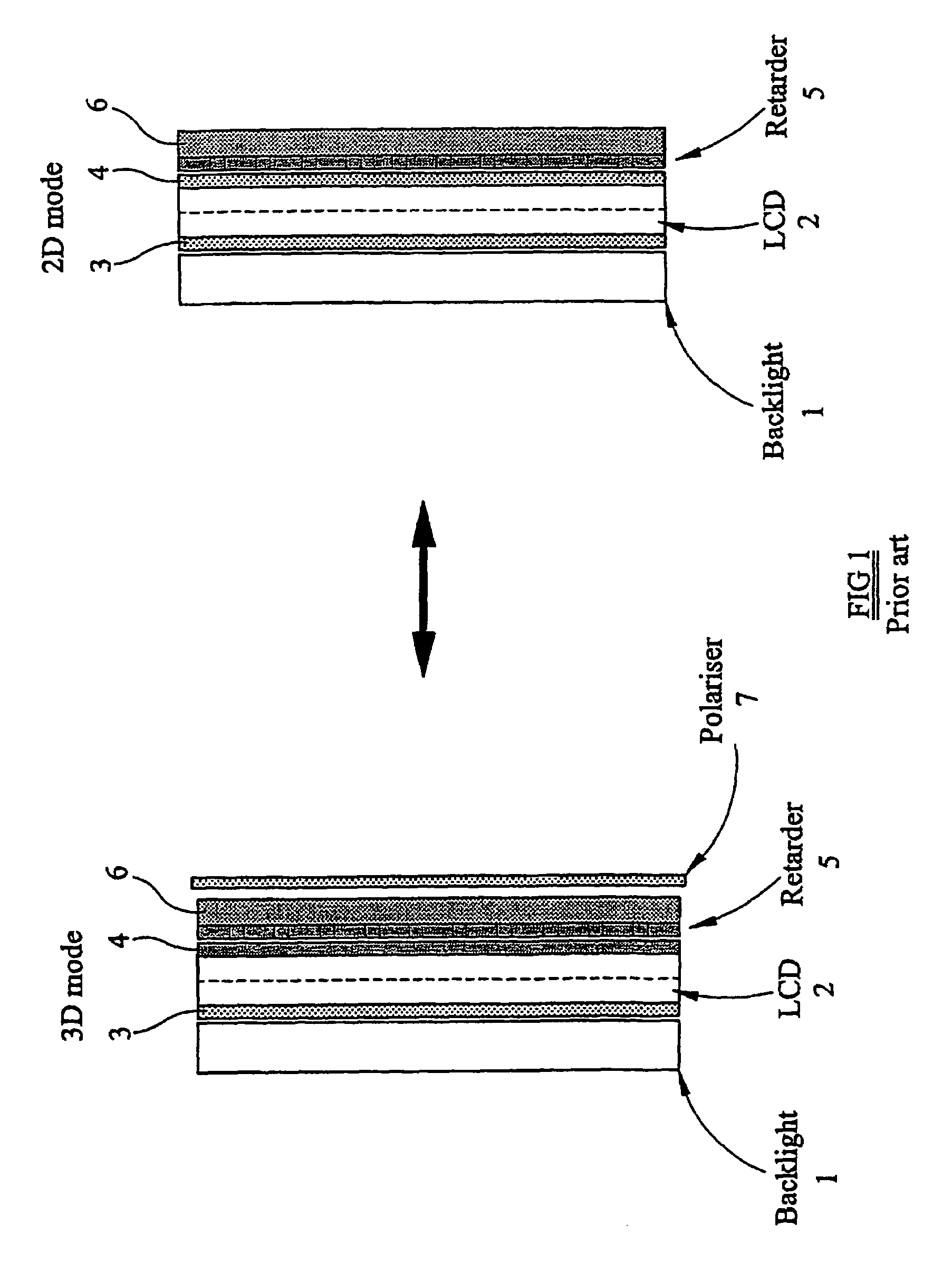 Optical device and display operating in two dimensional and autostereoscopic three dimensional modes