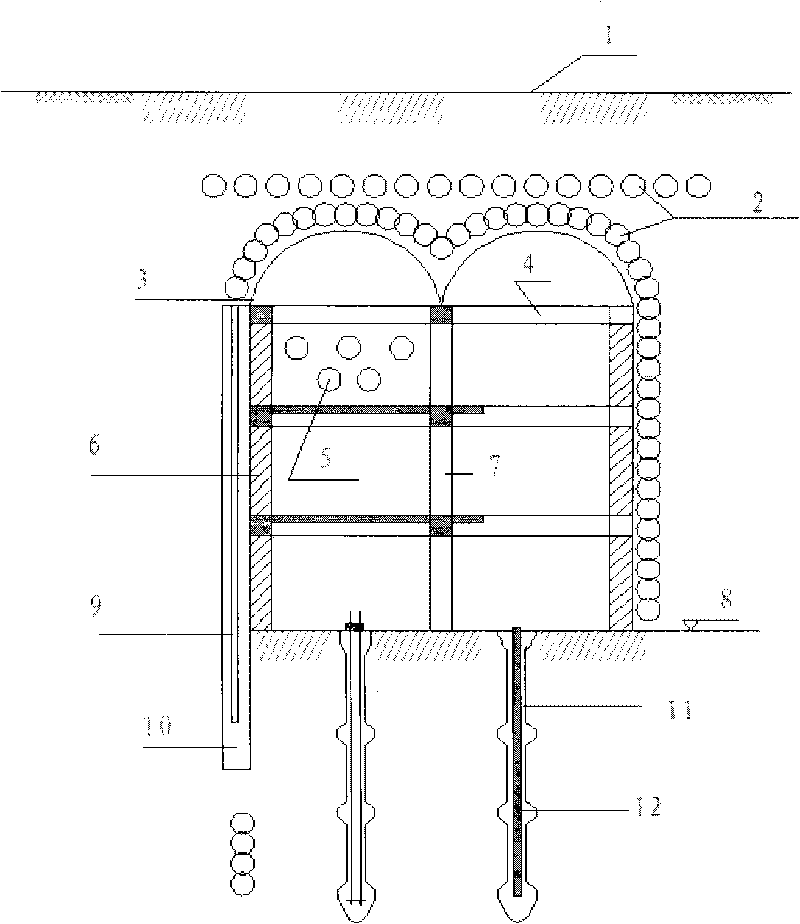 Multi-direction rotary jetting stirring grouting reinforcement construction method for constructing underground structure and soil body by cover excavation and underground excavation and supporting structure thereof