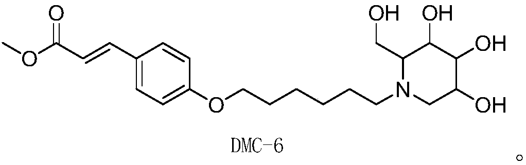 1-Deoxynojirimycin-methyl hydroxycinnamate hybrid derivative and preparation method and application thereof