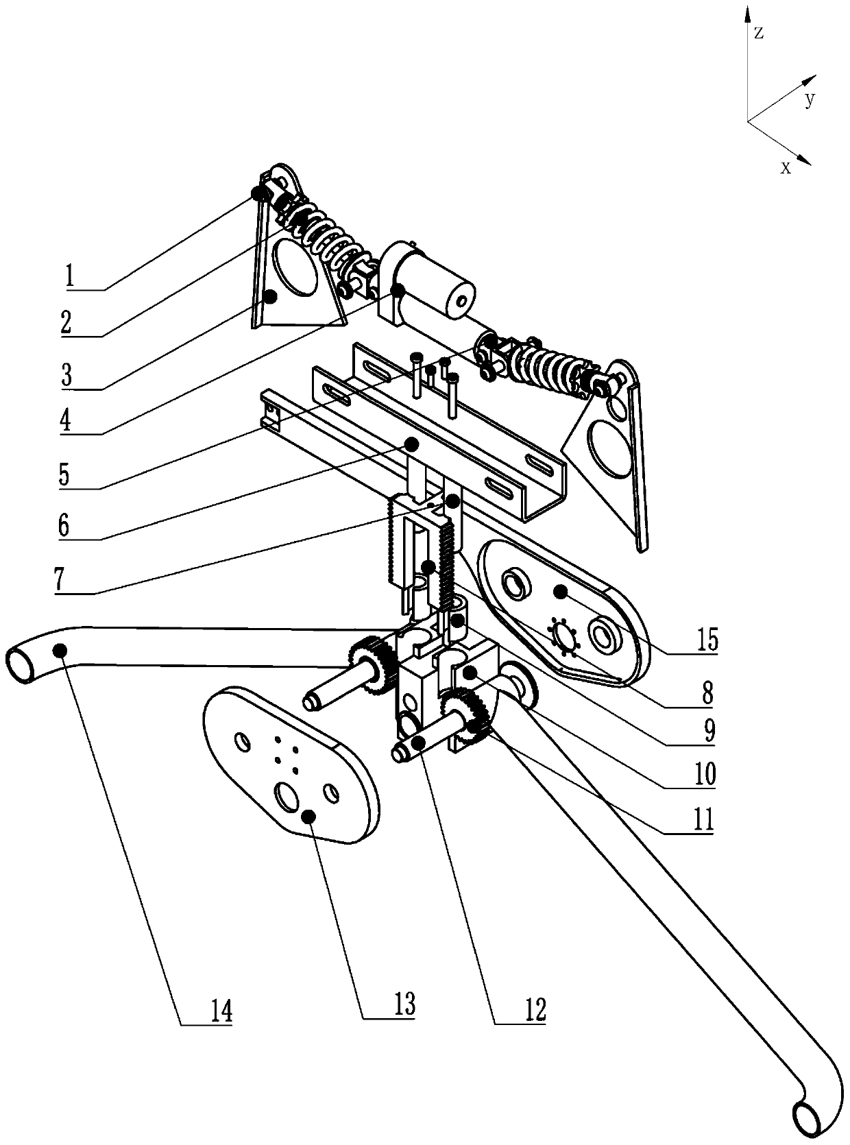 A rocker-type suspension mechanism that is fixedly connected to a traveling box through three points