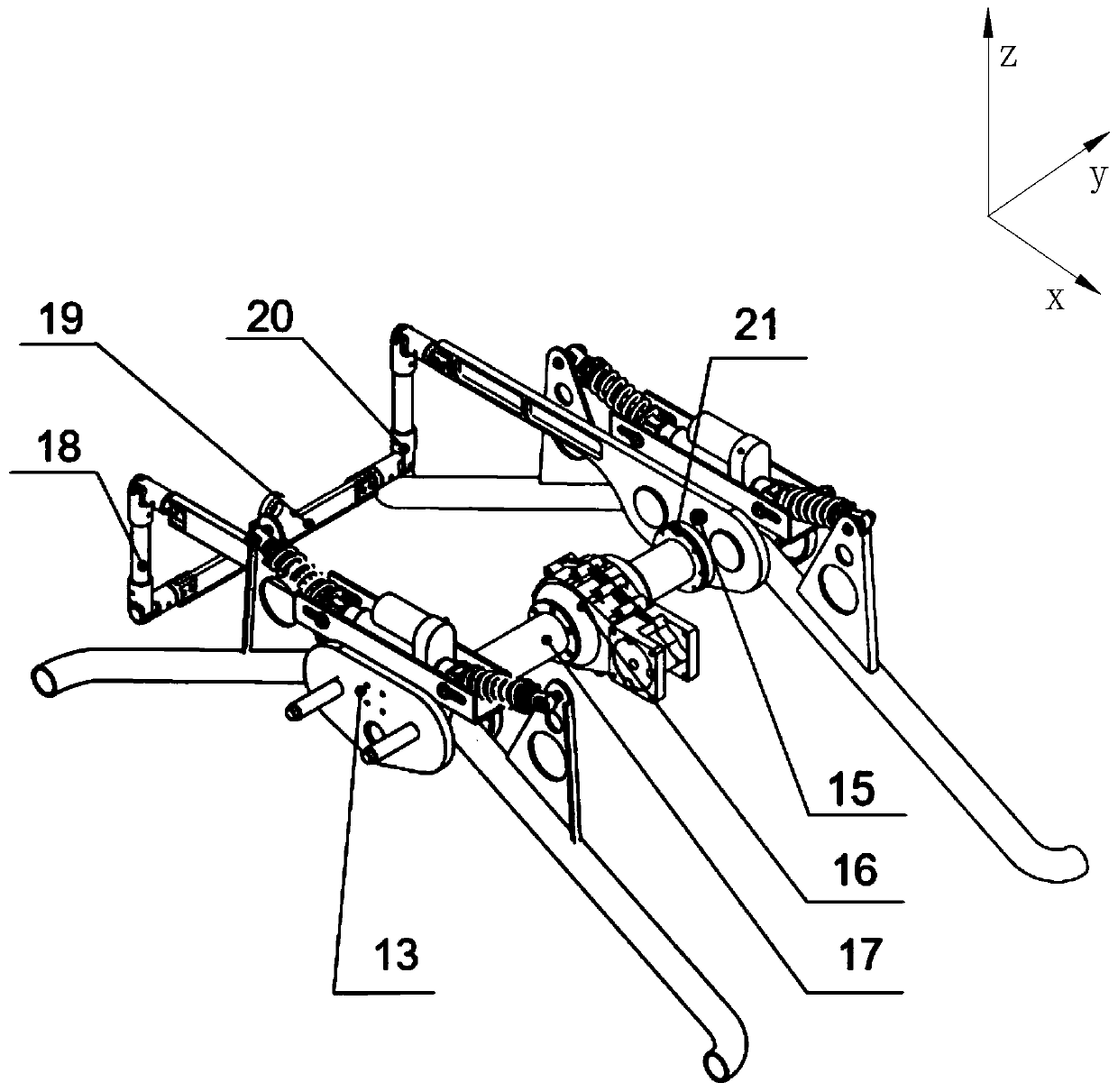 A rocker-type suspension mechanism that is fixedly connected to a traveling box through three points