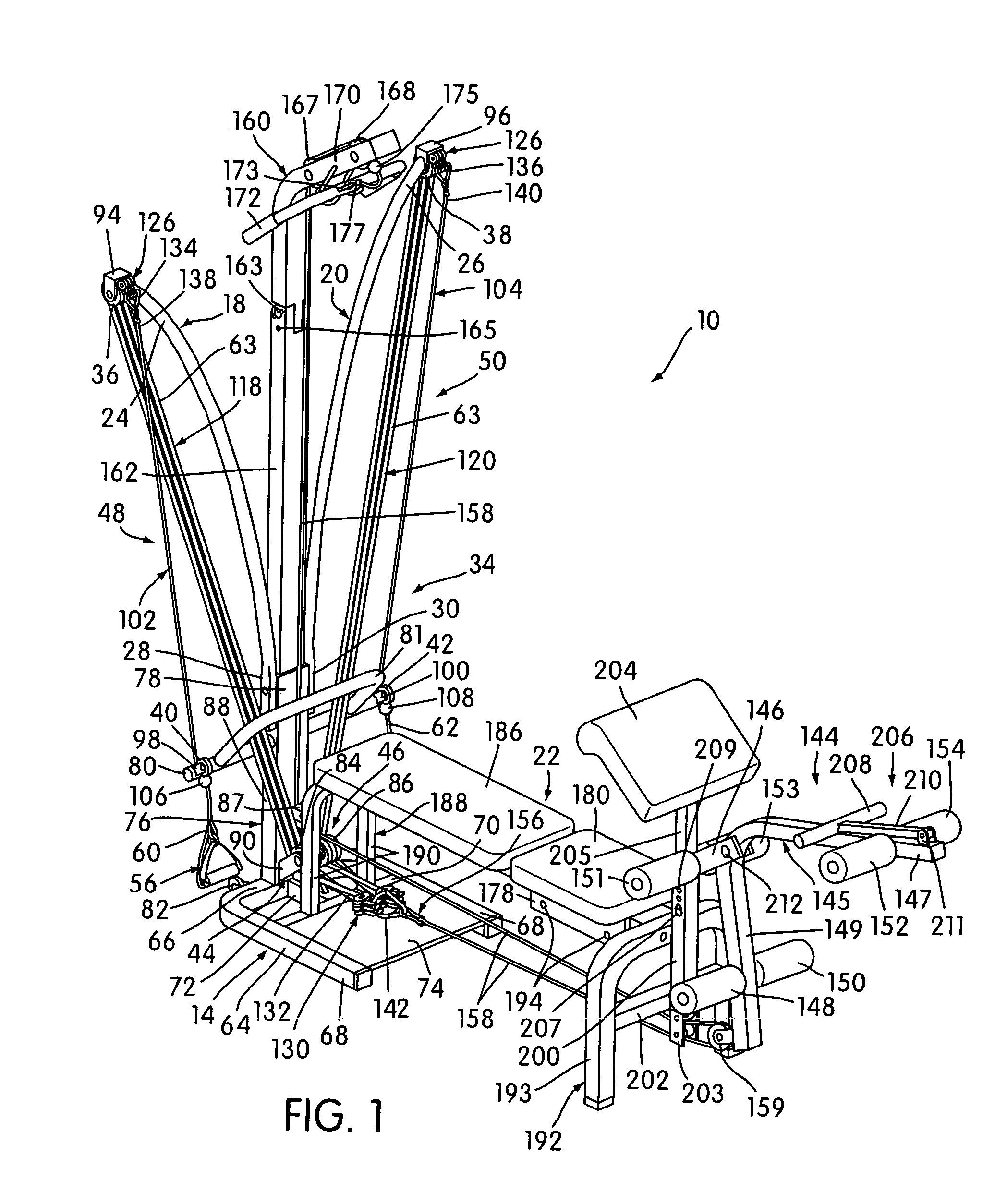 Exerciser with multiple bungee cord resistance and enhanced bench movements