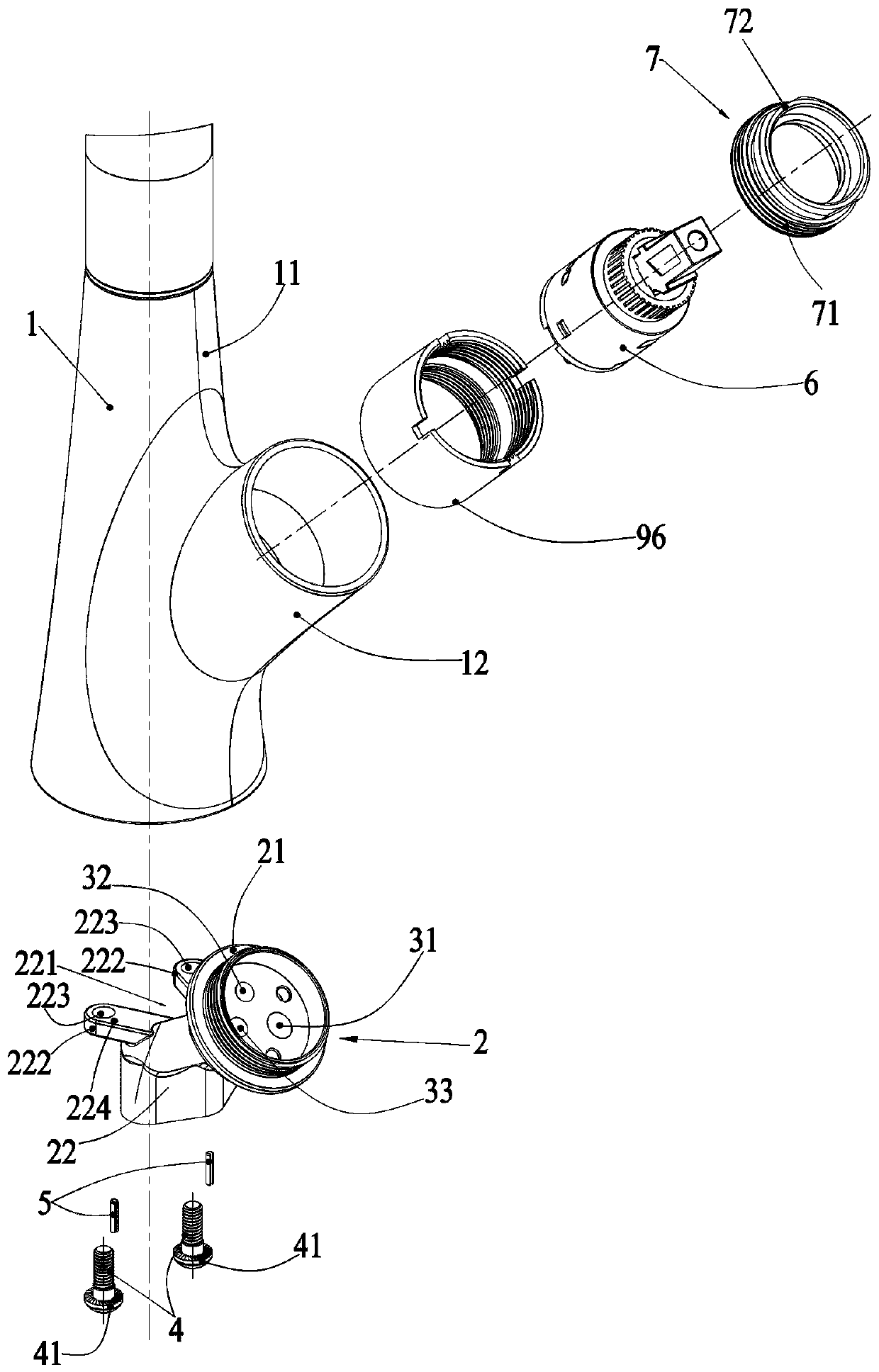 Valve core seat fixing structure of extraction type faucet, and extraction type faucet