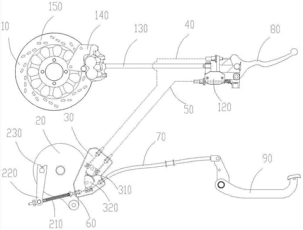 Front and rear linkage braking device and two-wheeled vehicle