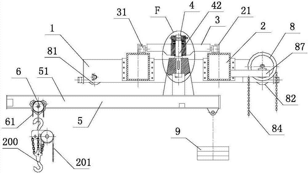 Dolly gear driven cantilever crane with balancing counterweight