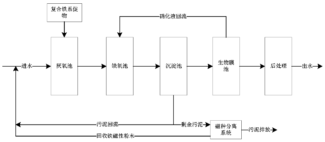 Treatment system coupling iron-promoted magnetic loading anaerobic/anoxic activated sludge process and biofilm process