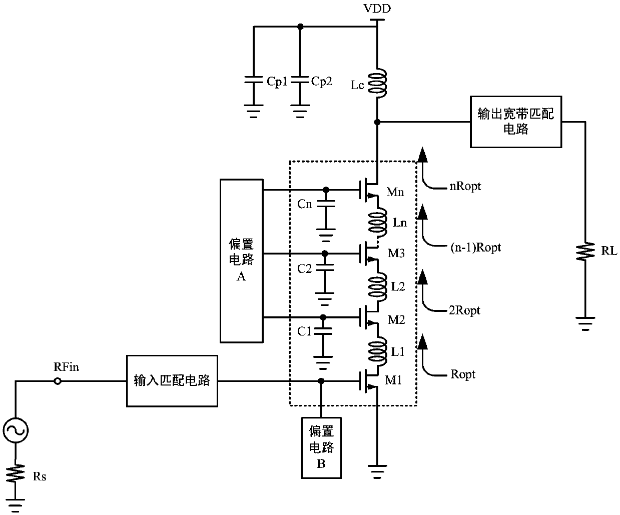 Stacked radio frequency power amplifier with optimal matching