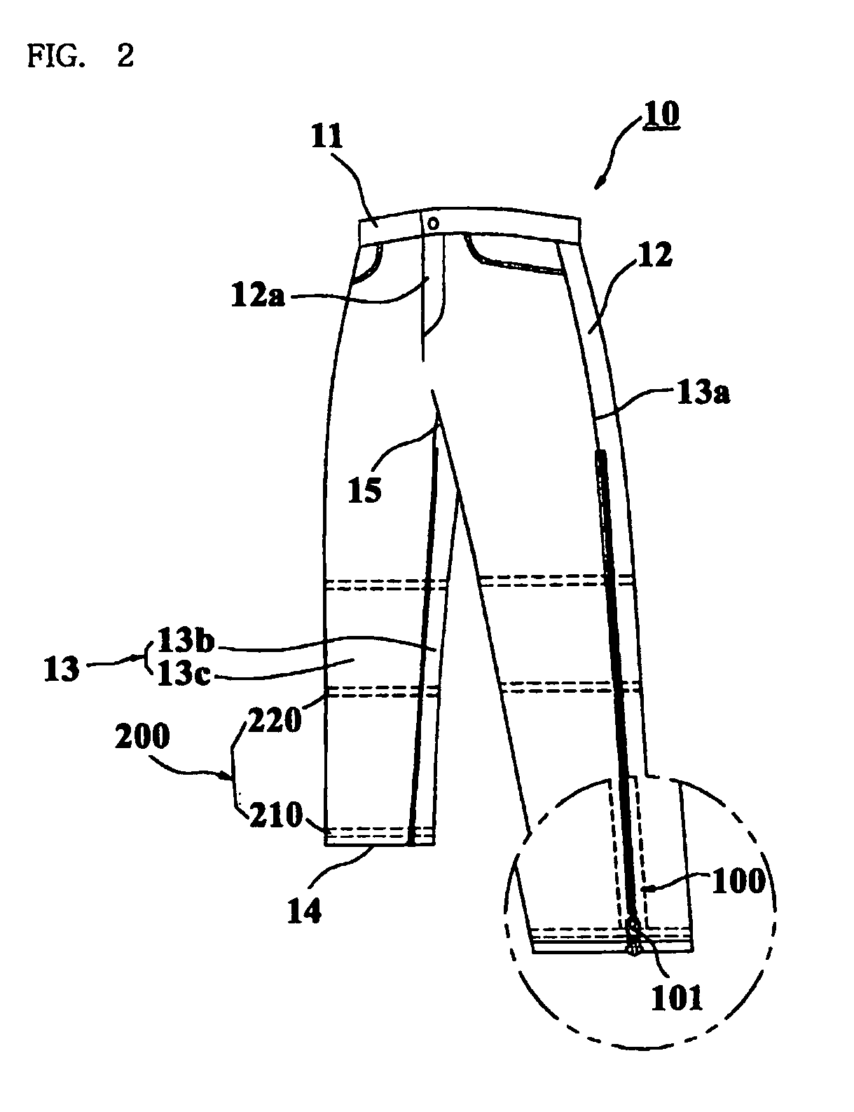 Blue jeans which hem length is adjustable