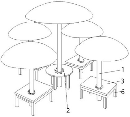 Tree-surrounding tables and chairs, green gazebo and construction method thereof