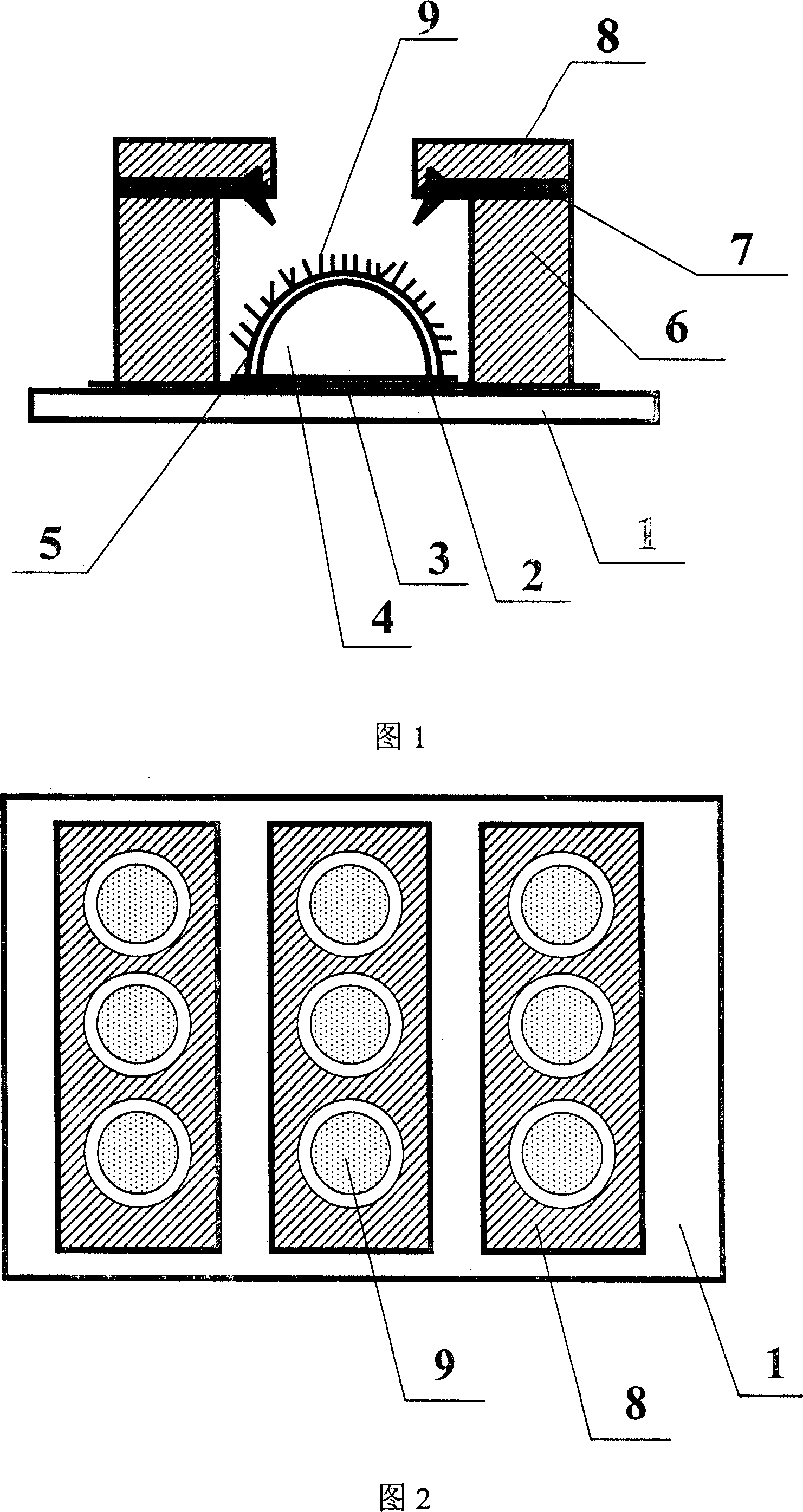 Flat-board display of three-tip fold-line type grid controlled array structure and mfg. process