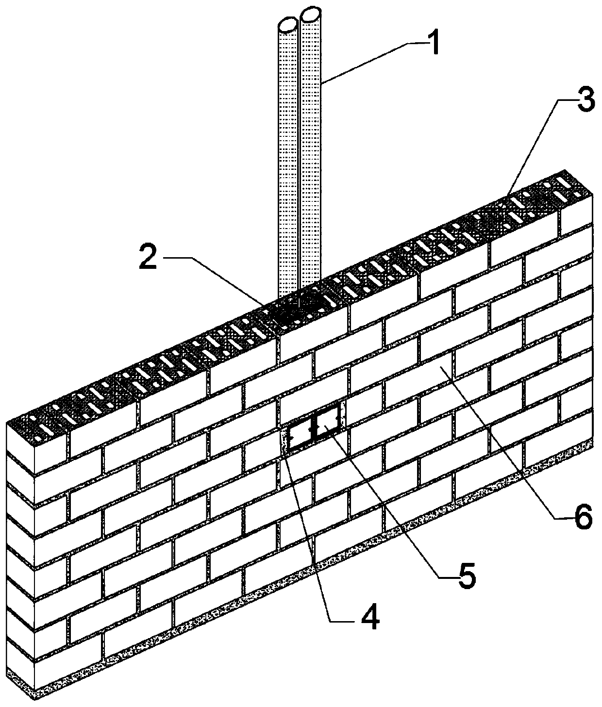 Masonry slotting-free construction method and structure for wired pipe mounting