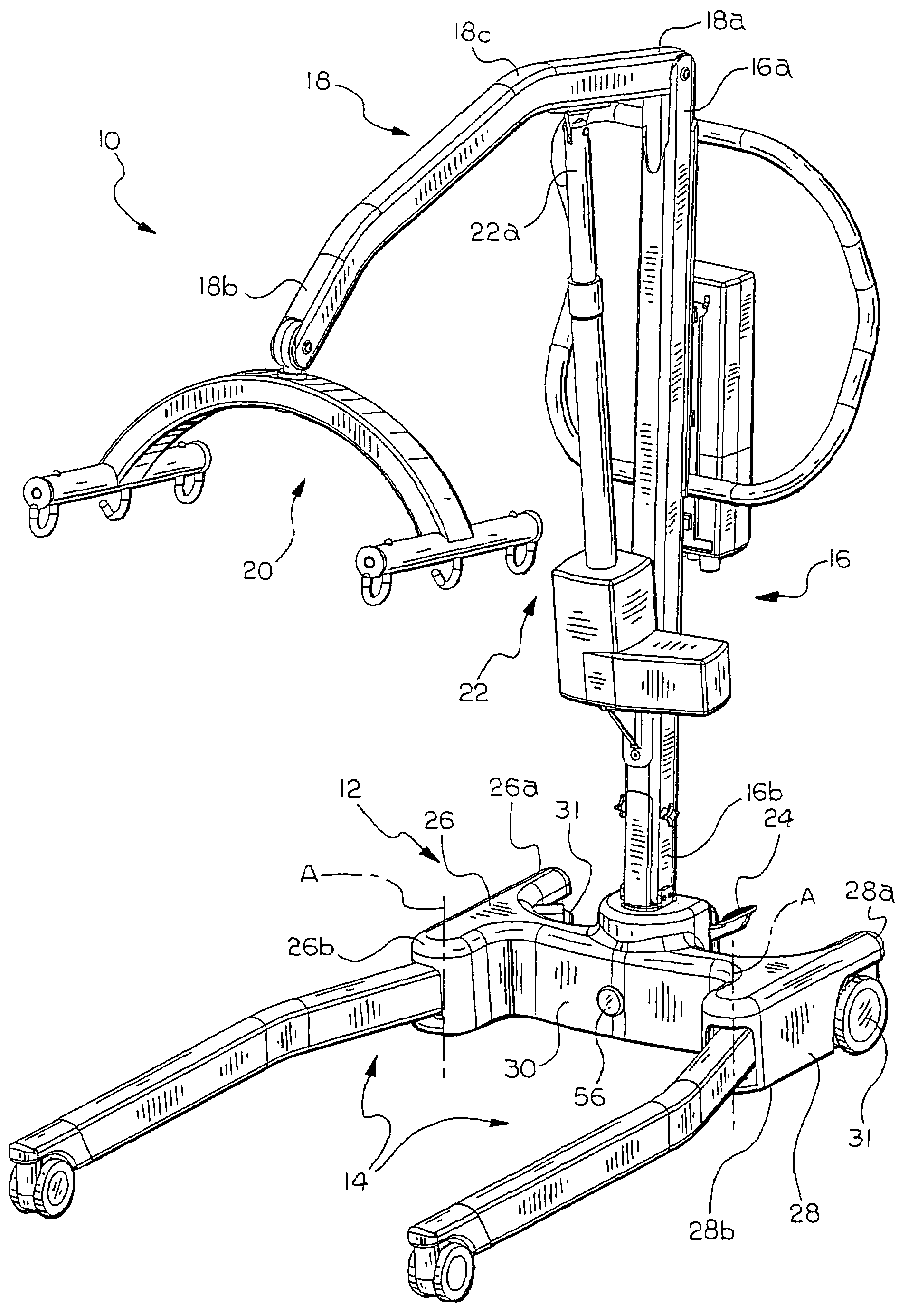 Patient lift with support legs that spread over two ranges of motion