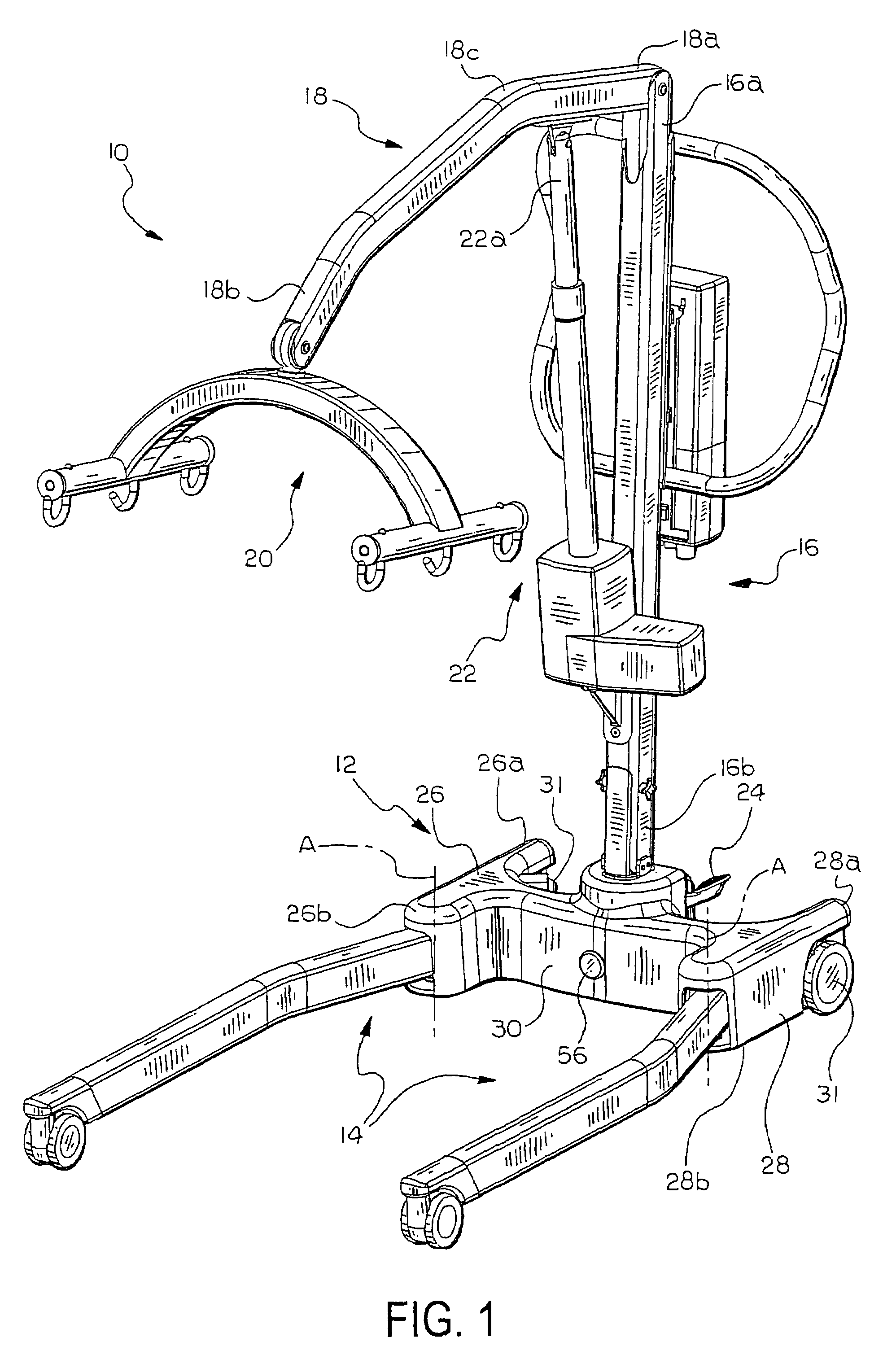 Patient lift with support legs that spread over two ranges of motion