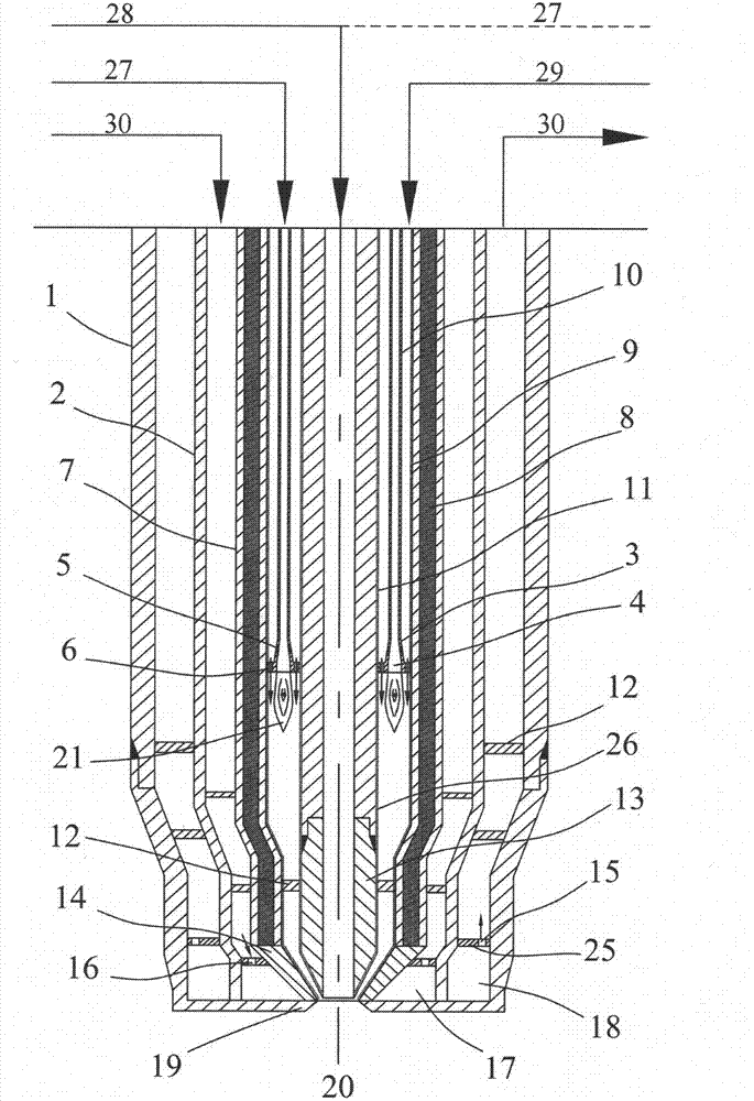 Combined-type thermal-oxidation igniting process nozzle for gasifying solid powder fuel