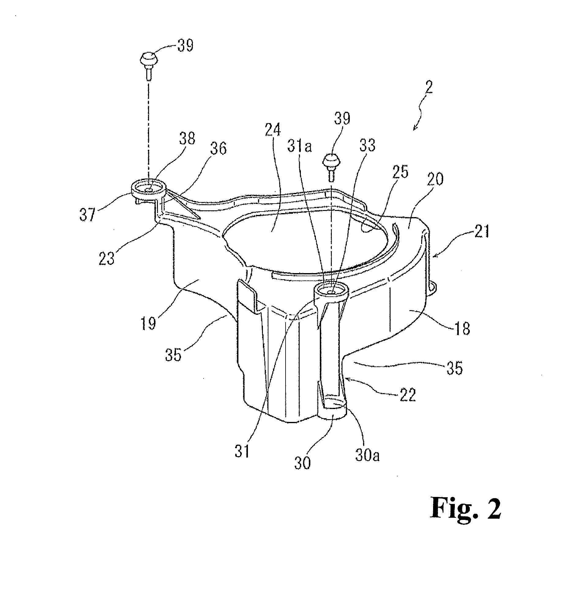 Holding structure of intervening member, intervening member, and wobbling-prevention member