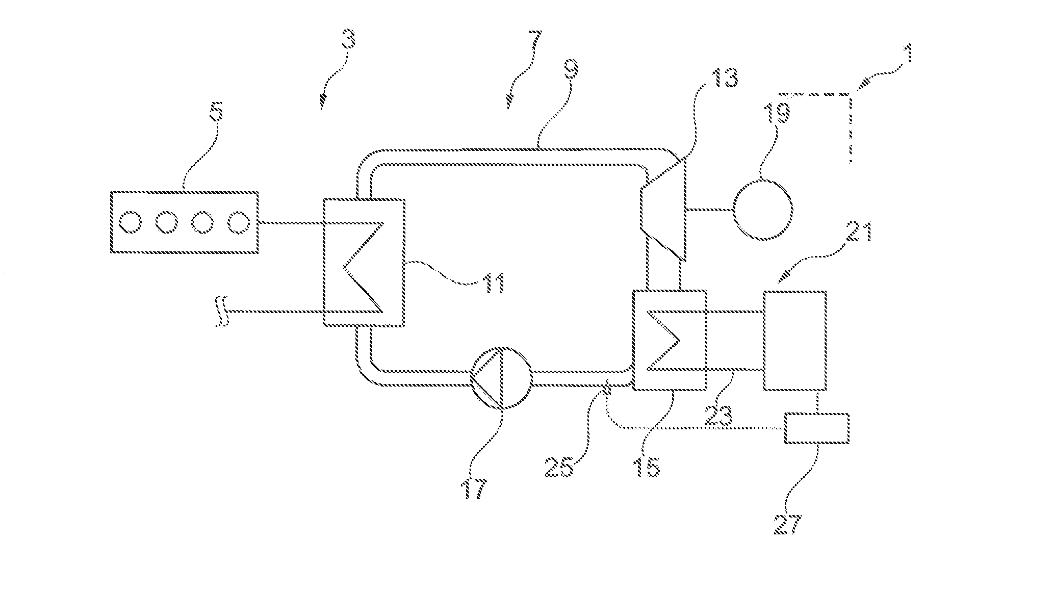 Cooling device for a condenser of a system for a thermodynamic cycle, system for a thermodynamic cycle, arrangement with an internal combustion engine and a system, vehicle, and a method for carrying out a thermodynamic cycle