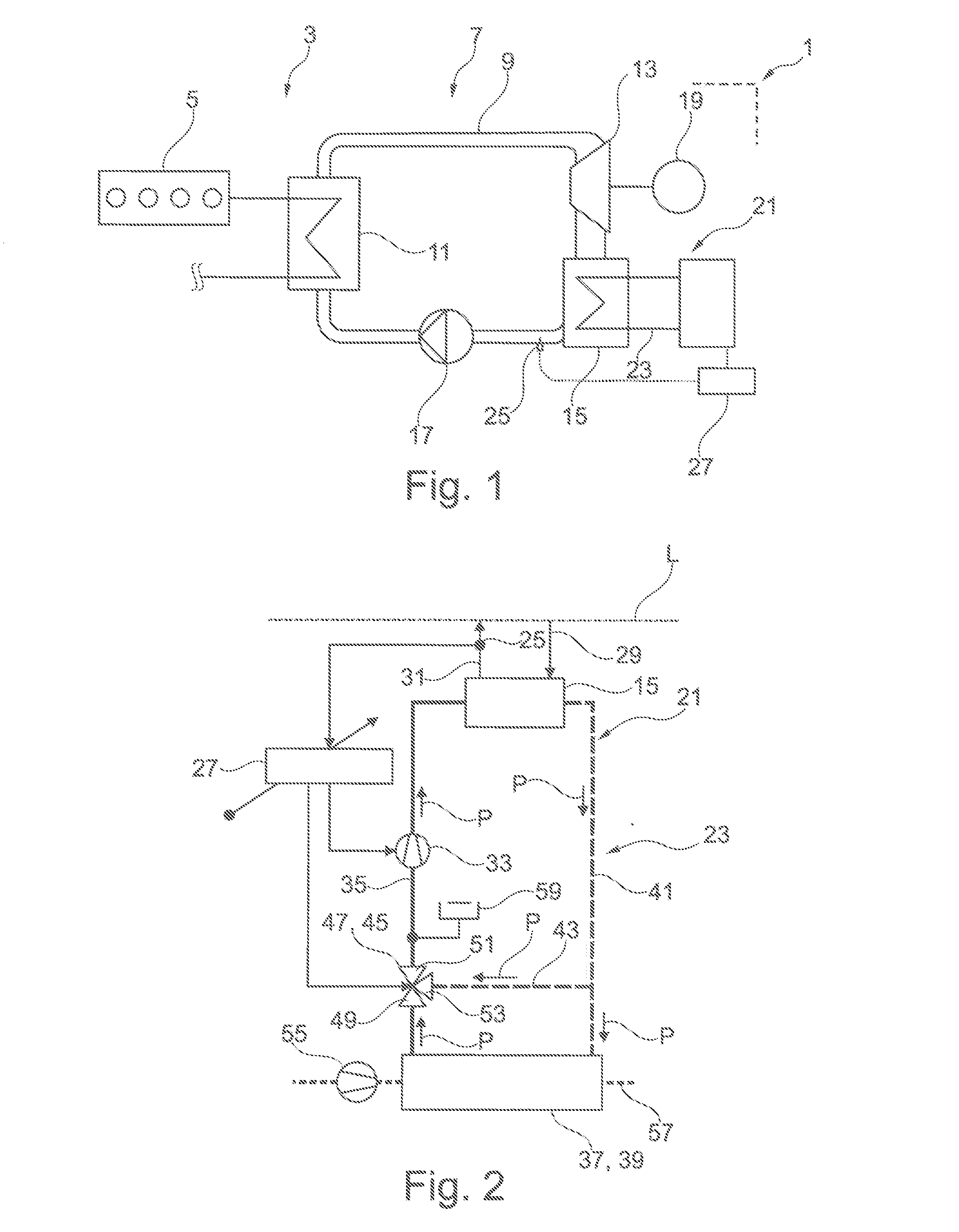 Cooling device for a condenser of a system for a thermodynamic cycle, system for a thermodynamic cycle, arrangement with an internal combustion engine and a system, vehicle, and a method for carrying out a thermodynamic cycle