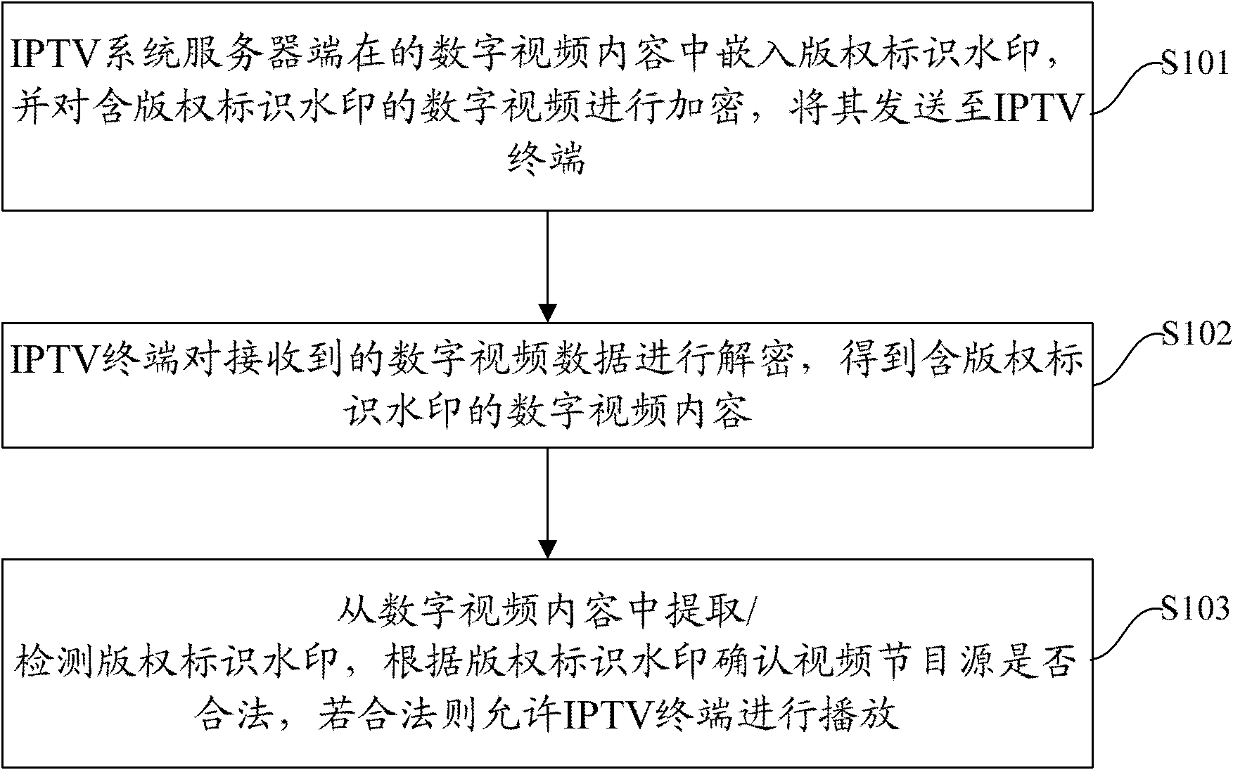 IPTV (Internet Protocol Television) digital rights management (DRM) method and device based on digital watermarking and encryption