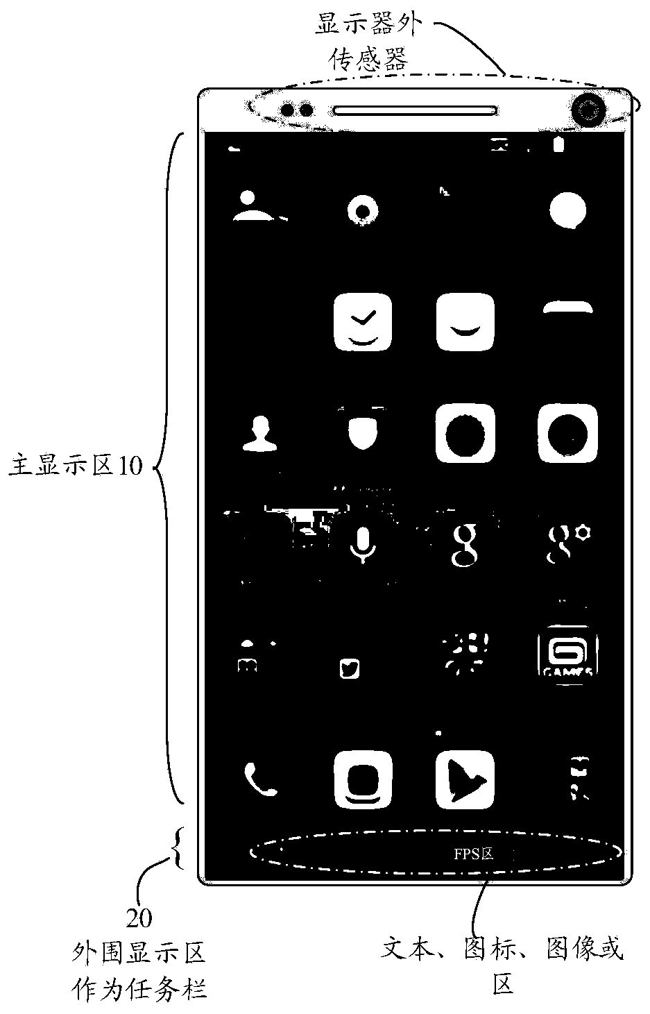 Devices with peripheral task bar display zone and under-lcd screen optical sensor module for on-screen fingerprint sensing