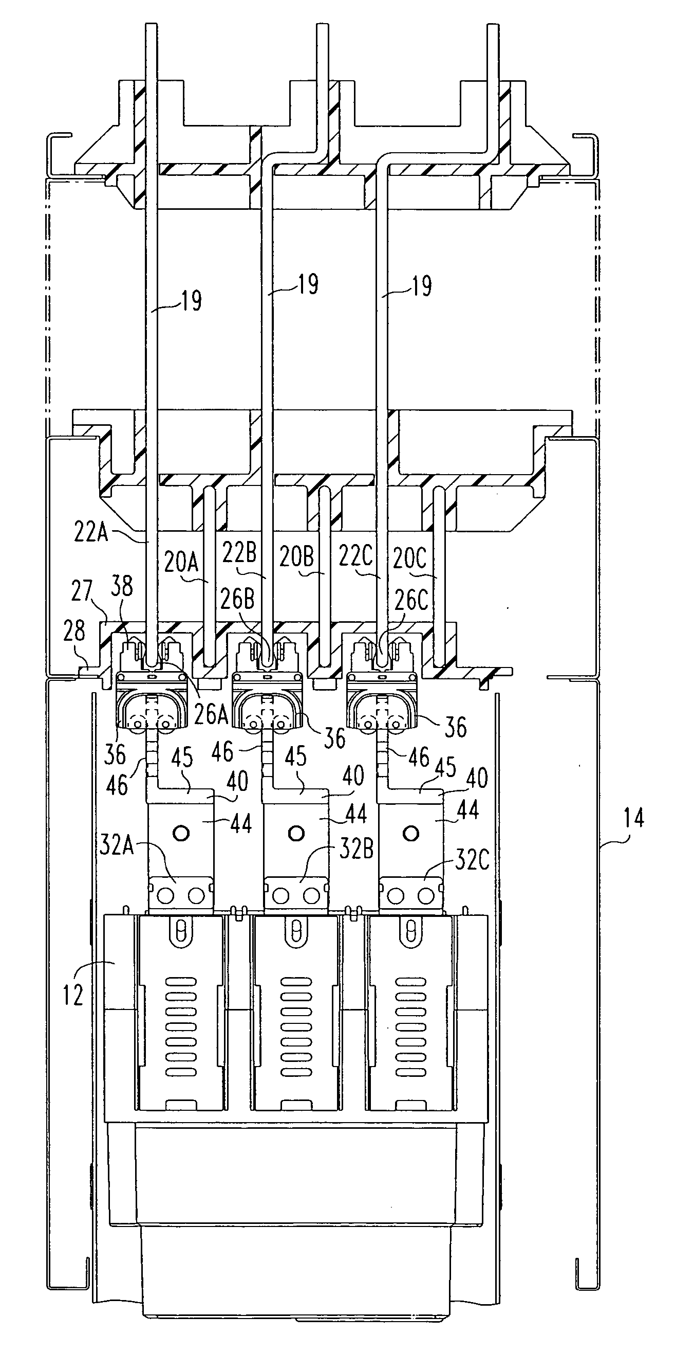 Power circuit breakers with offset vertical quick disconnect adapters to allow plugging onto a line and a load bus in different planes