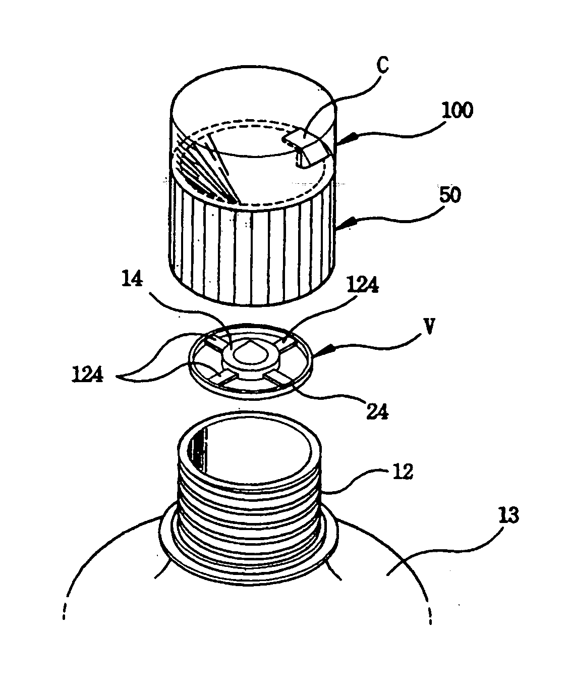 Cap device for mixing different kinds of materials separately contained therein and in bottle