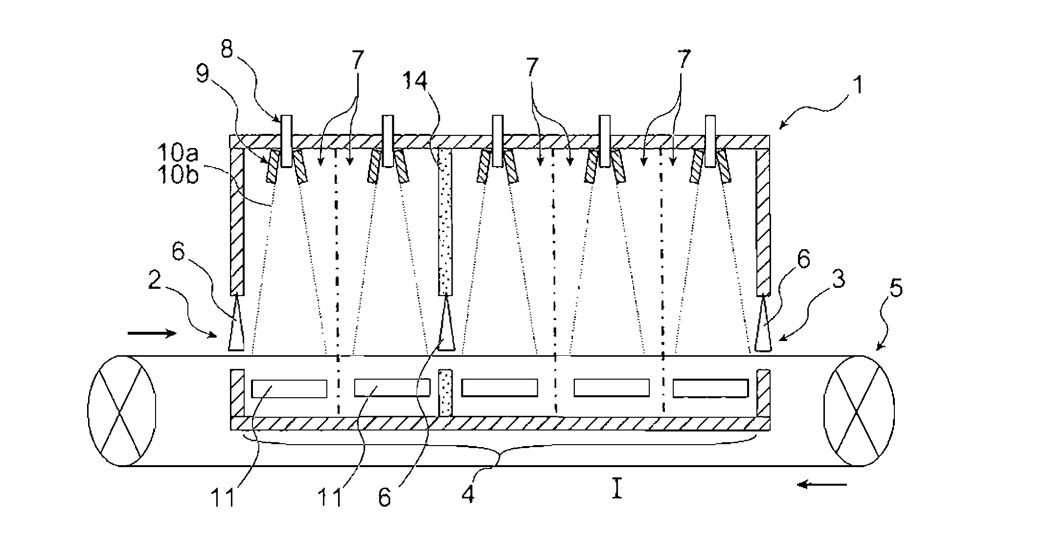 Method for continuous production of aligned nanostructures on a running substrate and related device