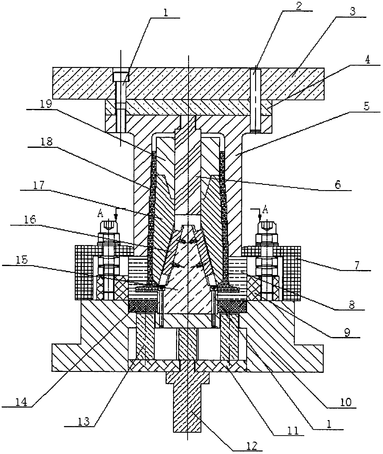 A "big belly and small mouth" extrusion forming die for branch-like light alloy components