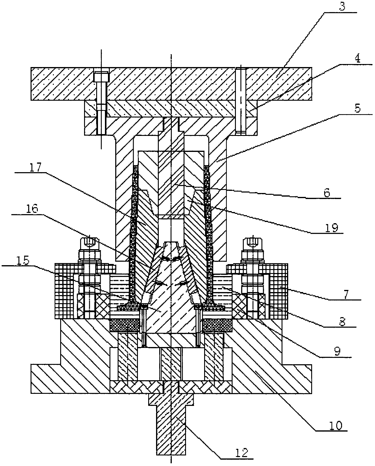 A "big belly and small mouth" extrusion forming die for branch-like light alloy components