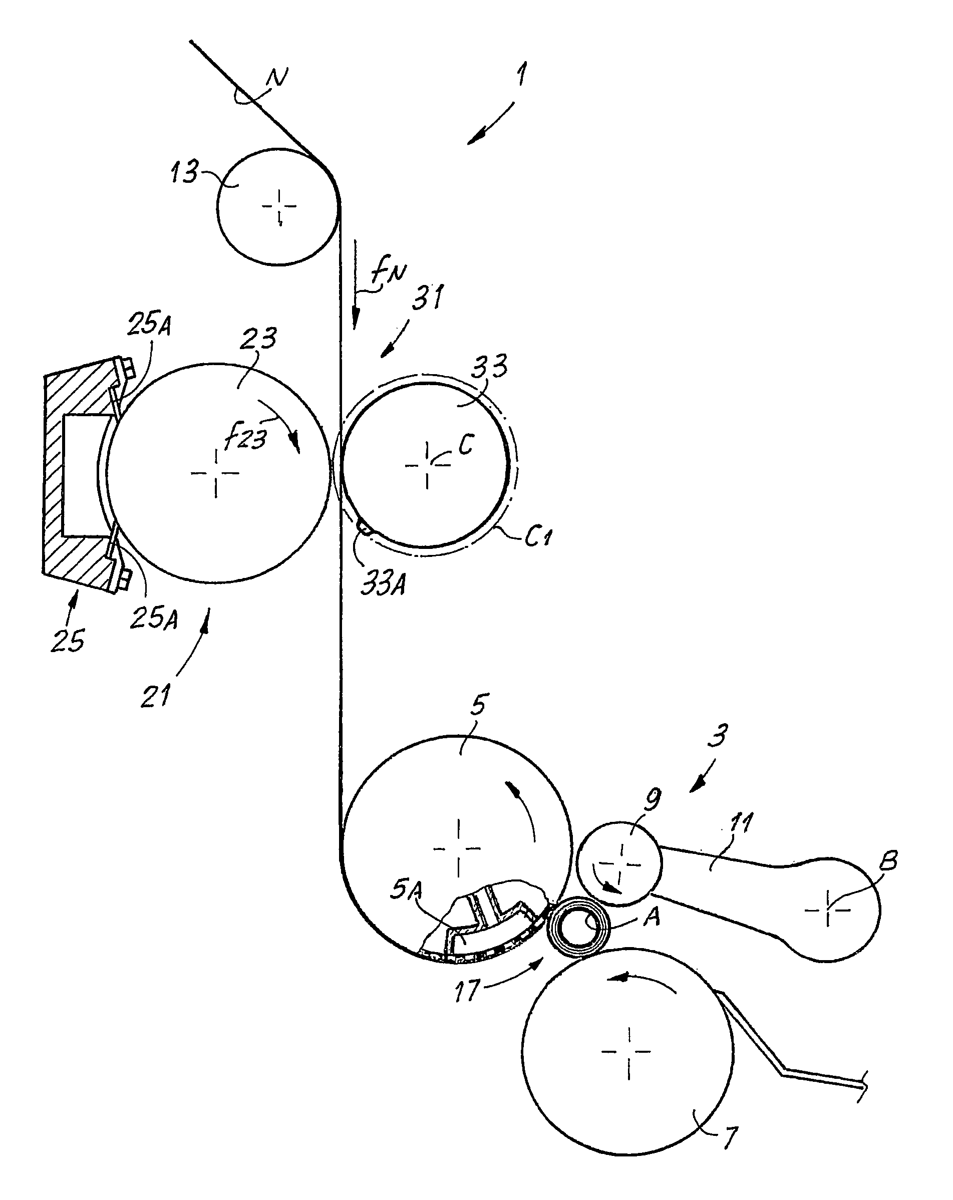 Method and device for gluing the free edge of a log of web material in a rewinding machine